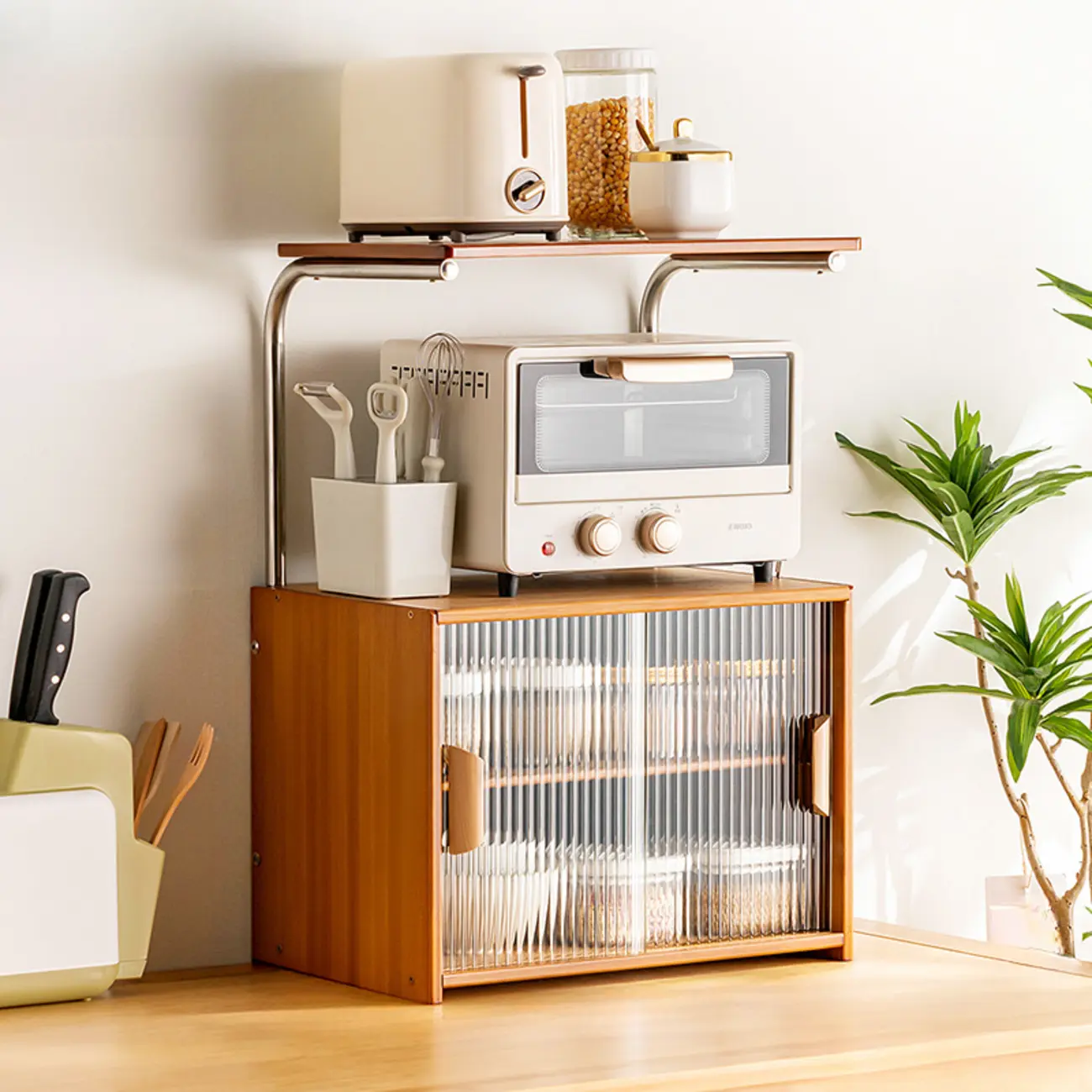Stylish Tabletop Glass Bamboo Sideboard Cabinet with Open Shelf Image - 1 | homeyfad