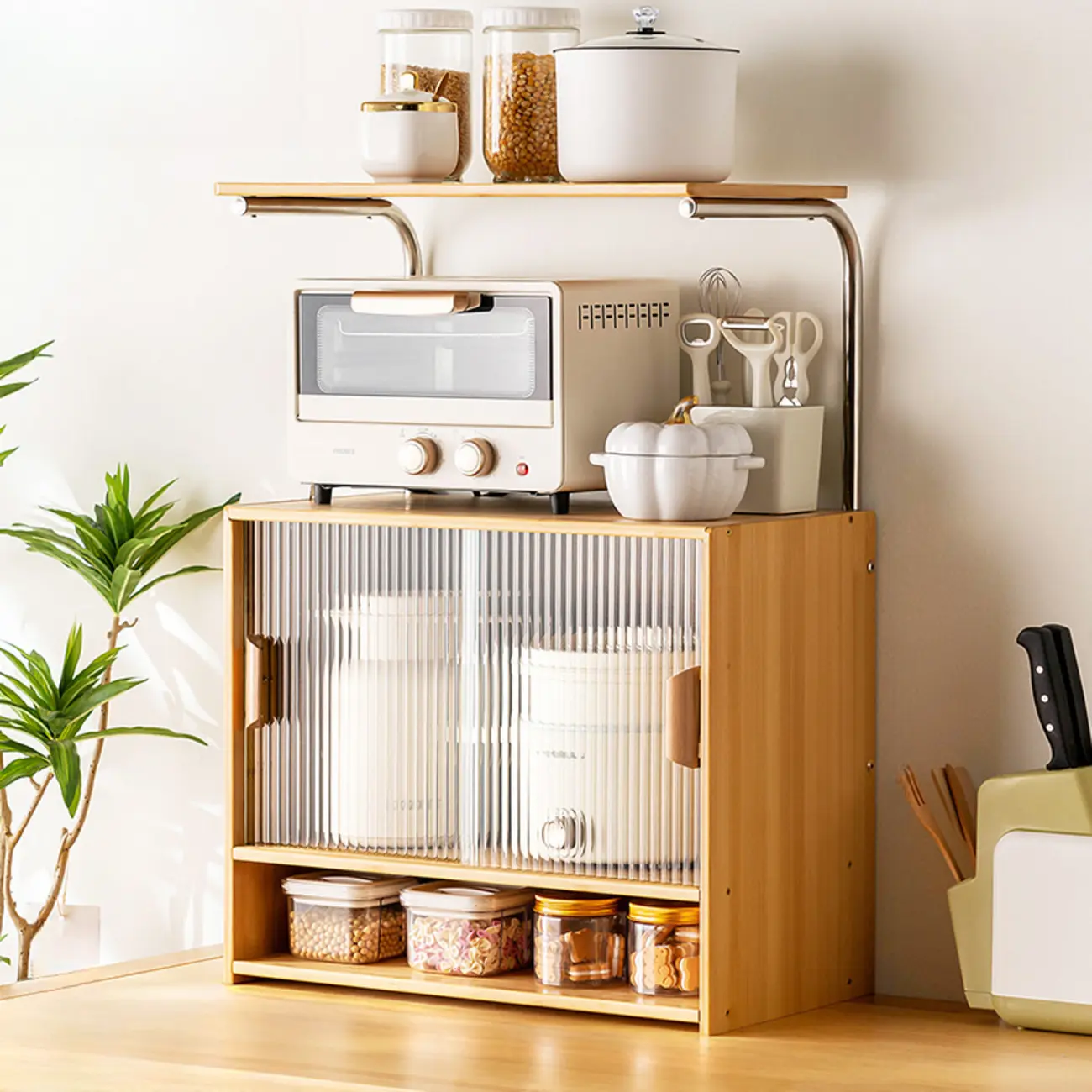 Stylish Tabletop Glass Bamboo Sideboard Cabinet with Open Shelf Image - 8 | homeyfad