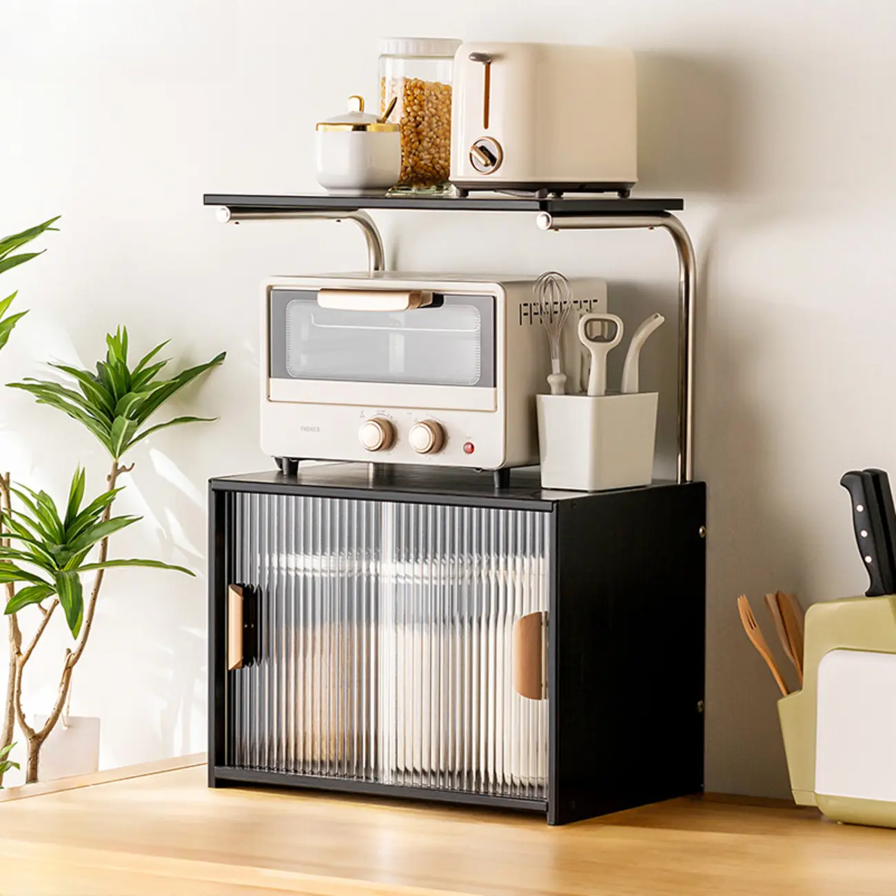 Stylish Tabletop Glass Bamboo Sideboard Cabinet with Open Shelf Image - 9 | homeyfad