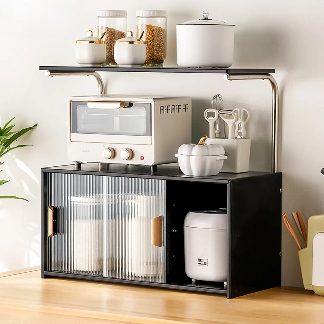 Stylish Tabletop Glass Bamboo Sideboard Cabinet with Open Shelf Image - 11 | homeyfad