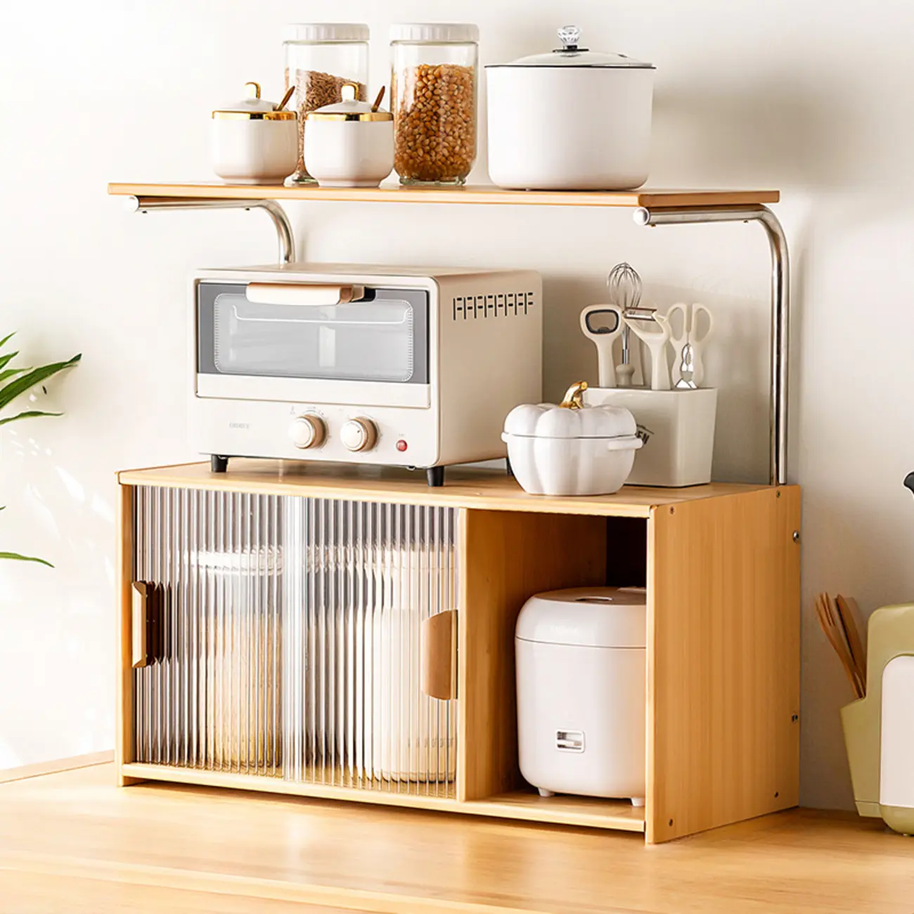 Stylish Tabletop Glass Bamboo Sideboard Cabinet with Open Shelf Image - 12 | homeyfad