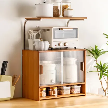Stylish Tabletop Glass Bamboo Sideboard Cabinet with Open Shelf Image - 13