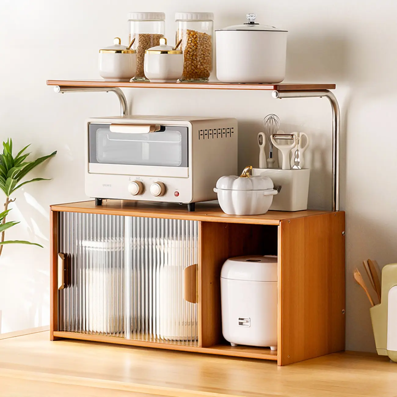 Stylish Tabletop Glass Bamboo Sideboard Cabinet with Open Shelf Image - 14 | homeyfad