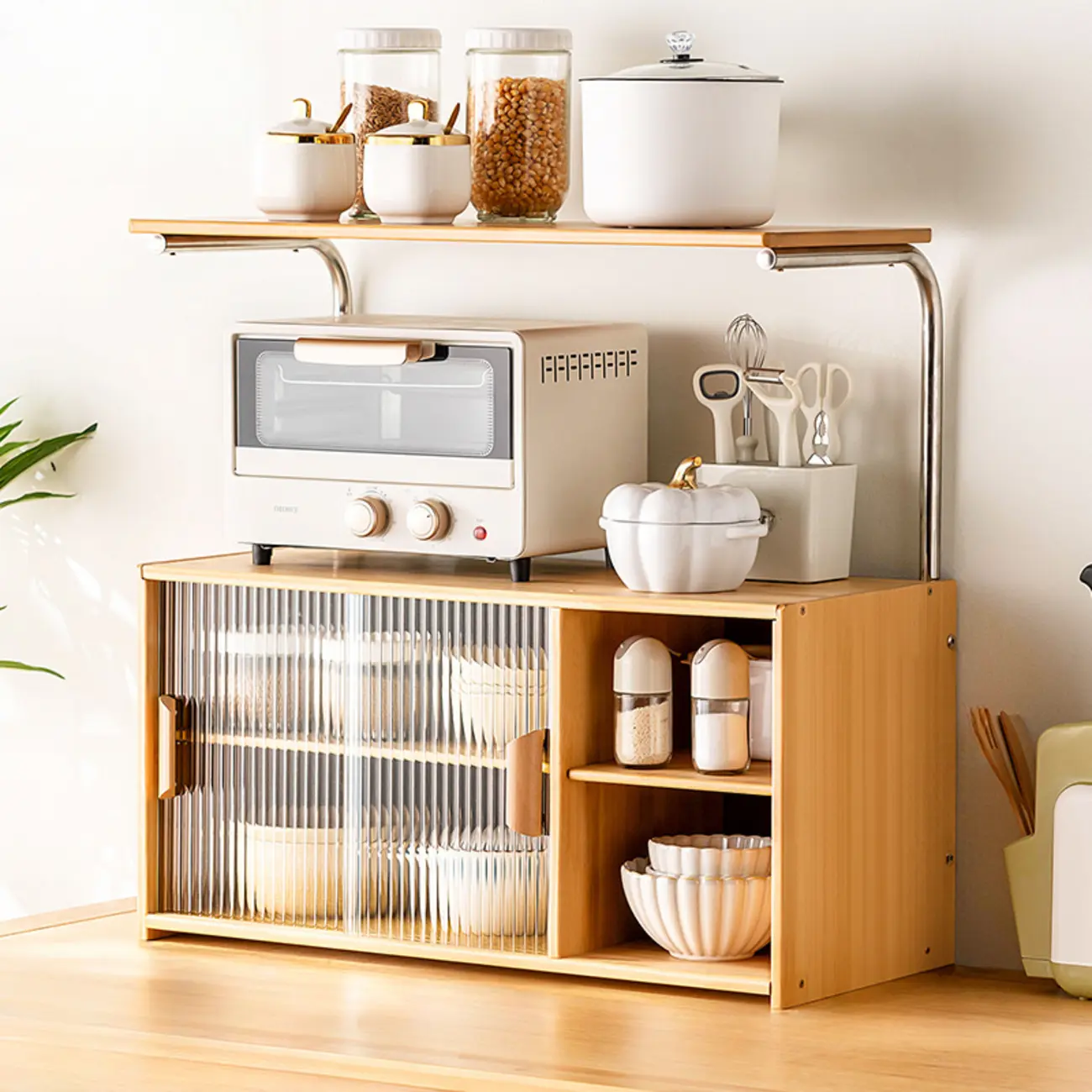 Stylish Tabletop Glass Bamboo Sideboard Cabinet with Open Shelf Image - 15 | homeyfad