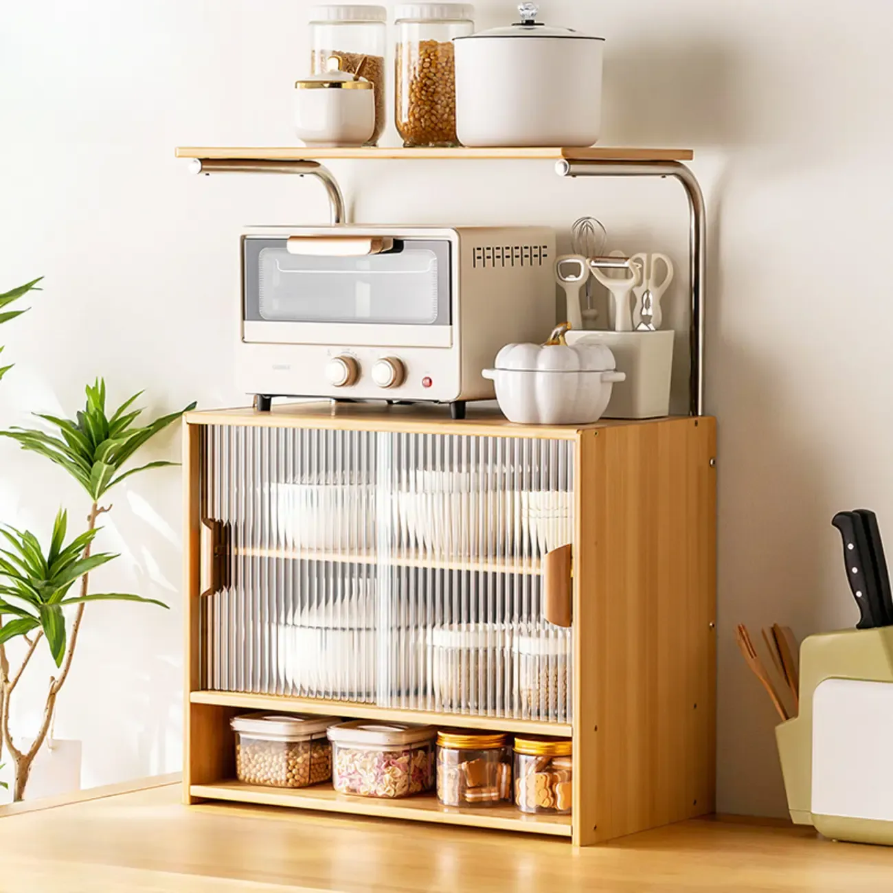 Stylish Tabletop Glass Bamboo Sideboard Cabinet with Open Shelf Image - 16