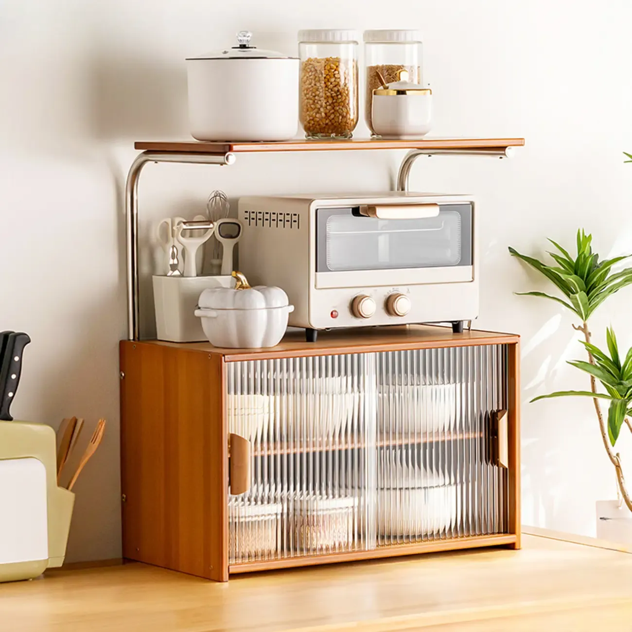 Stylish Tabletop Glass Bamboo Sideboard Cabinet with Open Shelf Image - 17