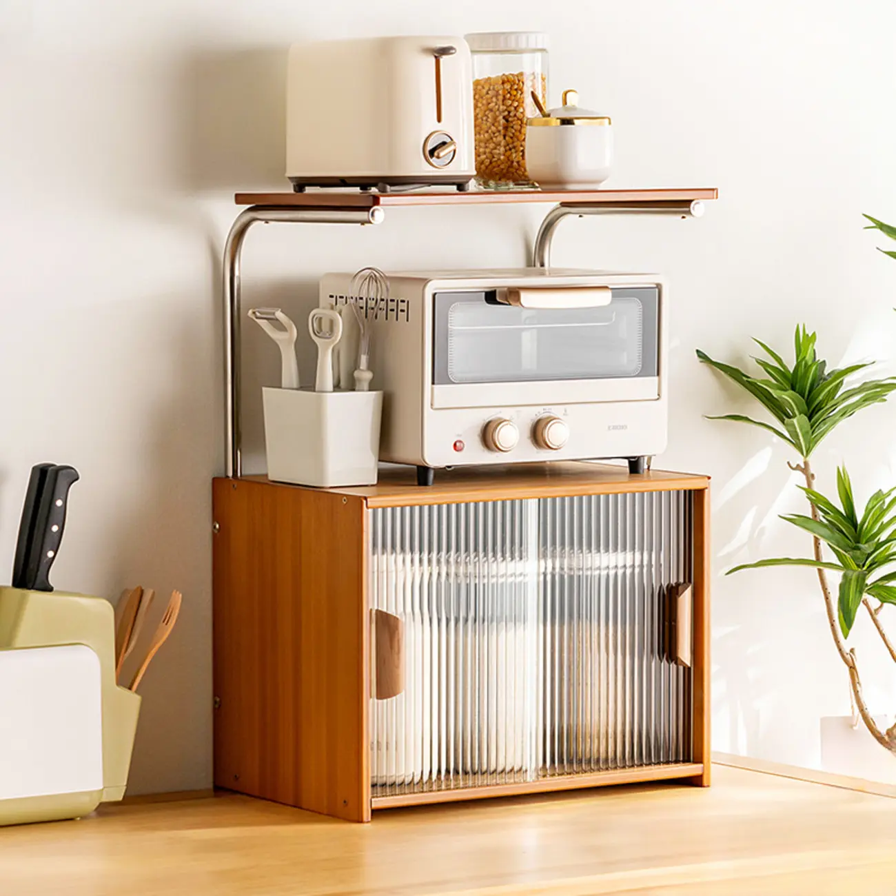 Stylish Tabletop Glass Bamboo Sideboard Cabinet with Open Shelf Image - 19 | homeyfad