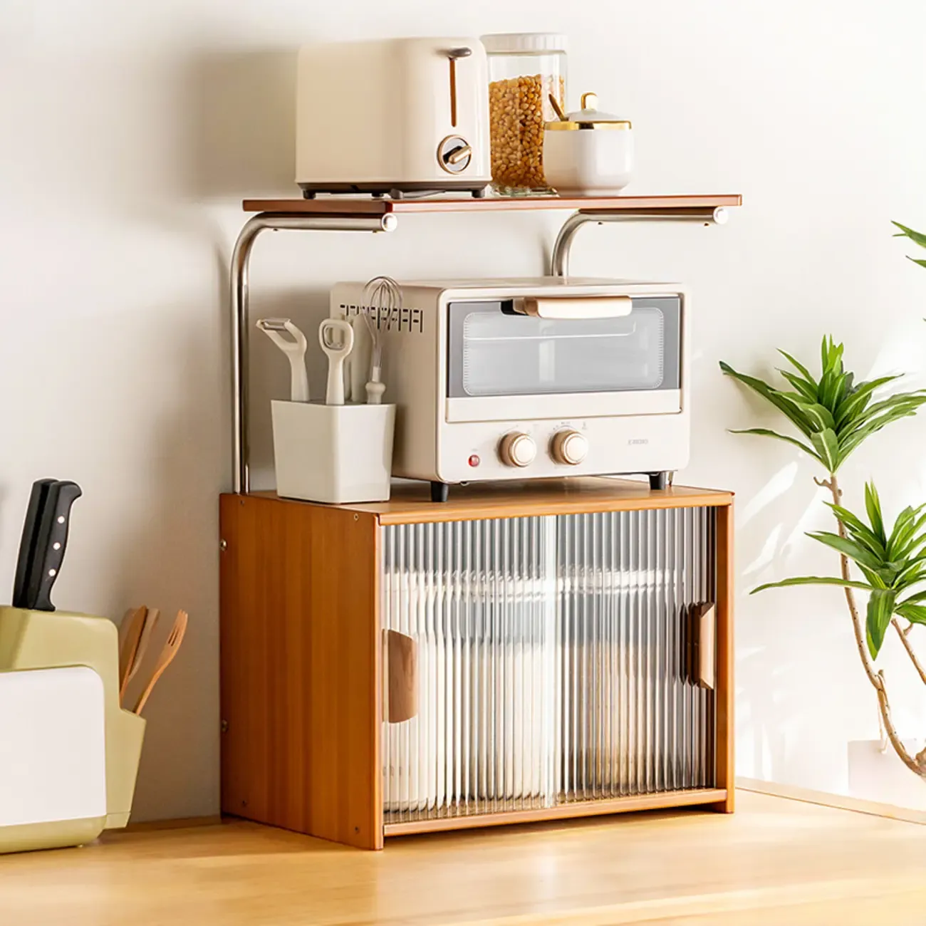 Stylish Tabletop Glass Bamboo Sideboard Cabinet with Open Shelf | HomeyFad