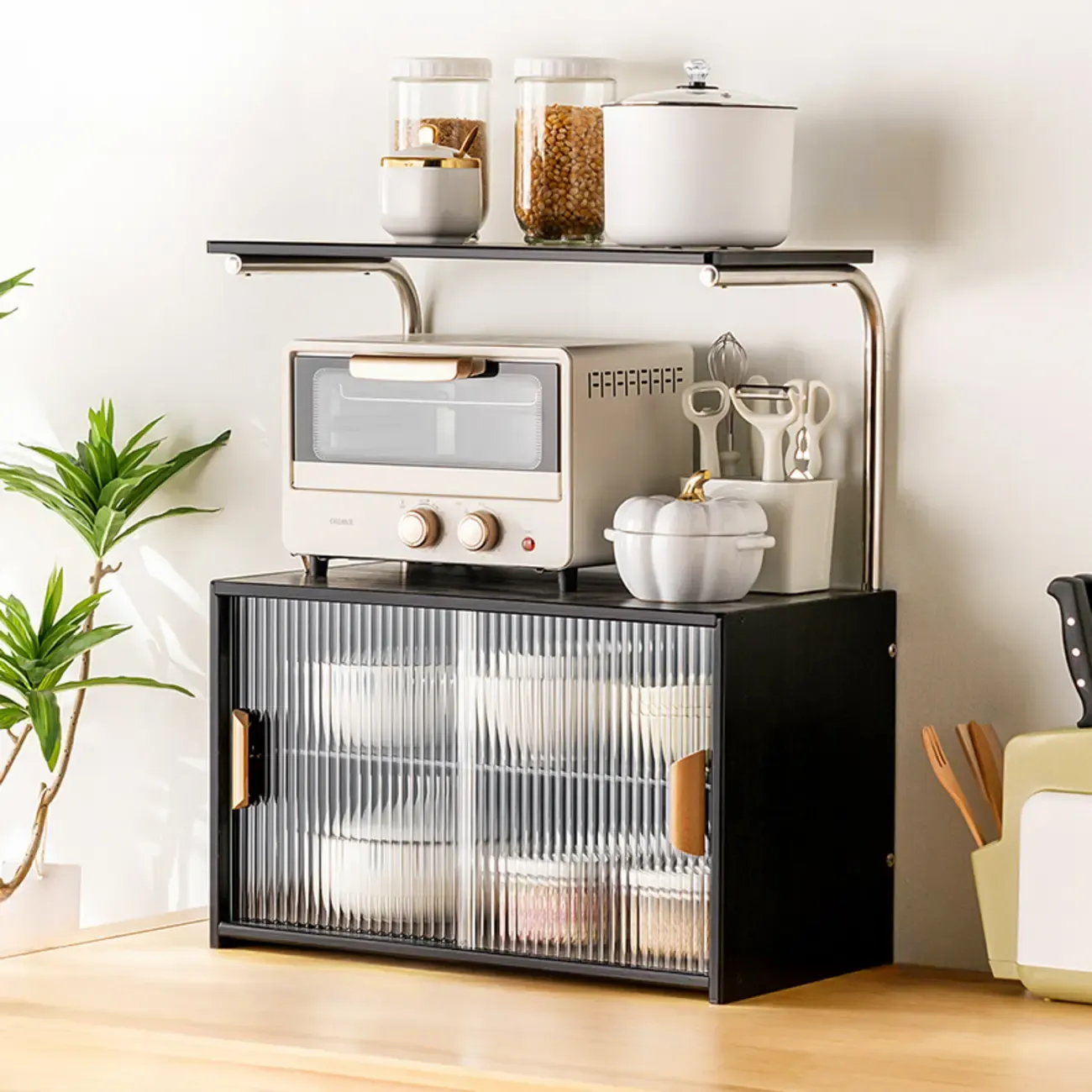 Stylish Tabletop Glass Bamboo Sideboard Cabinet with Open Shelf Image - 20