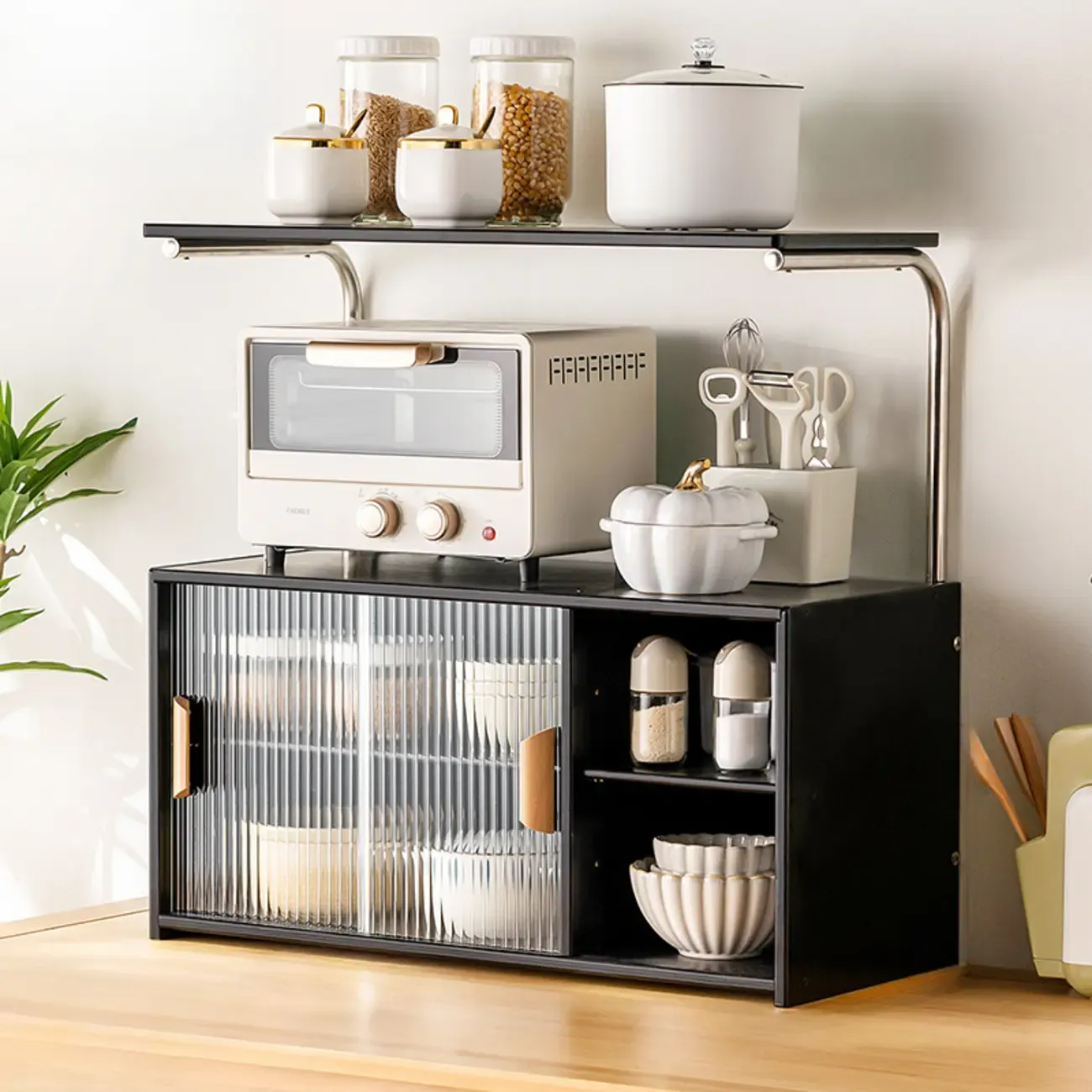 Stylish Tabletop Glass Bamboo Sideboard Cabinet with Open Shelf Image - 22