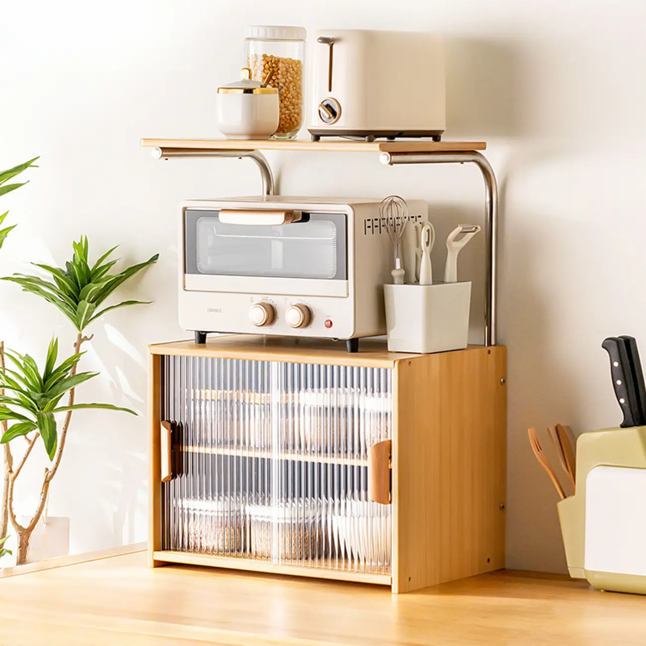 Stylish Tabletop Glass Bamboo Sideboard Cabinet with Open Shelf Image - 23 | homeyfad