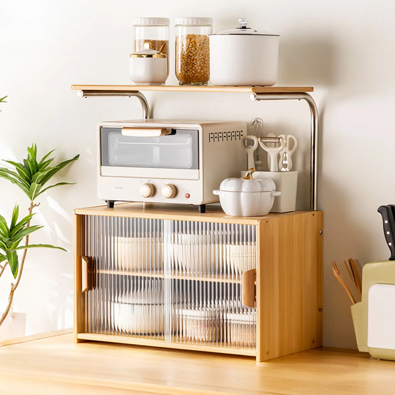 Stylish Tabletop Glass Bamboo Sideboard Cabinet with Open Shelf Image - 25 | homeyfad
