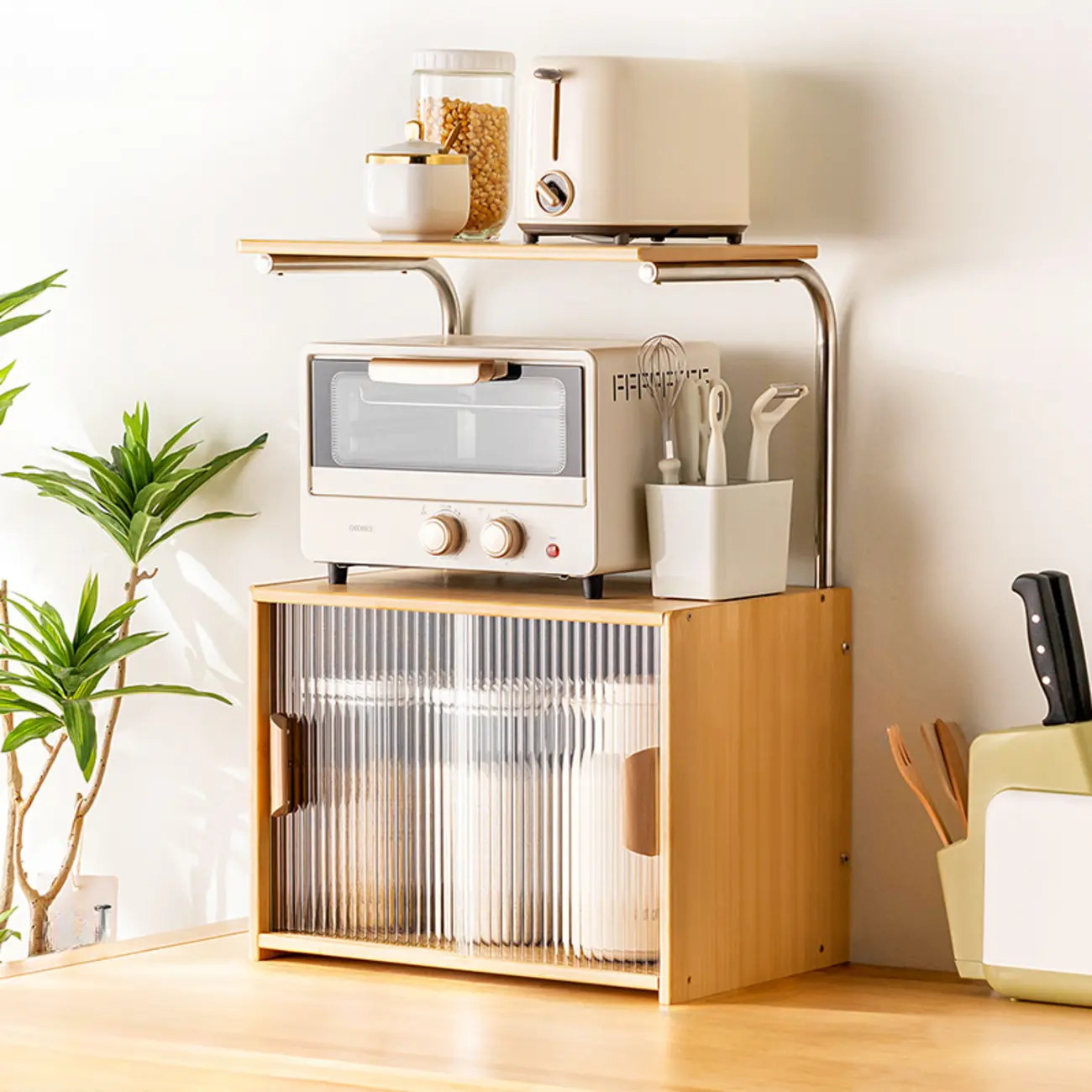 Stylish Tabletop Glass Bamboo Sideboard Cabinet with Open Shelf Image - 26 | homeyfad