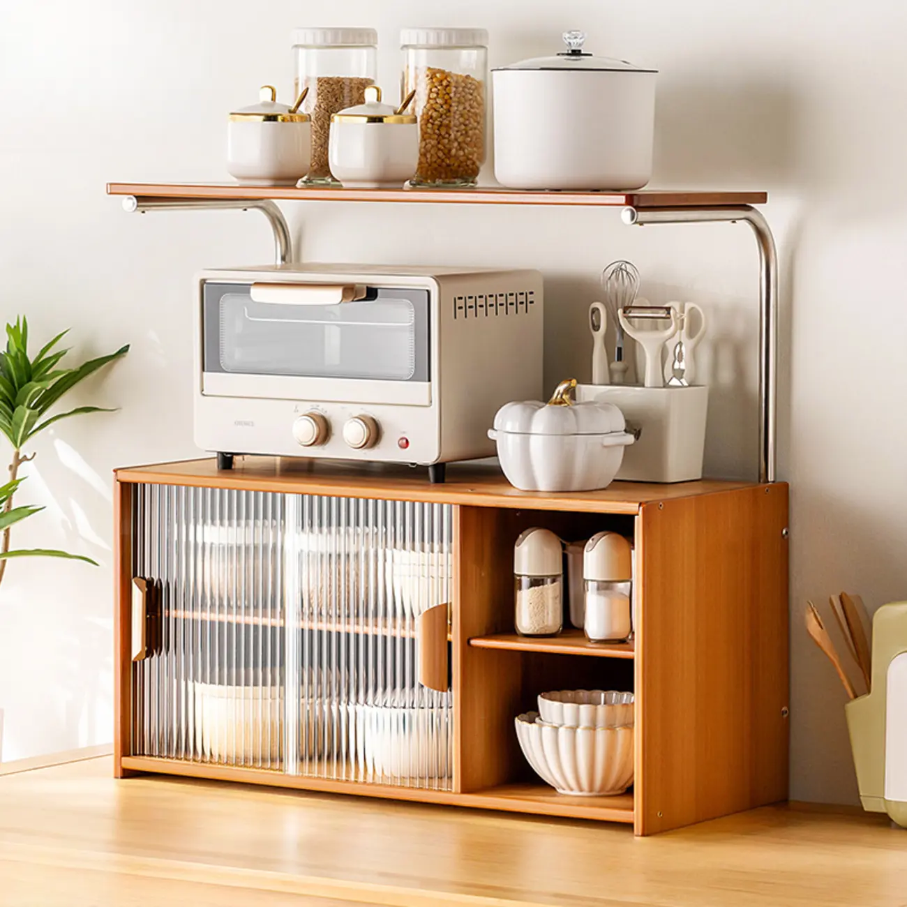 Stylish Tabletop Glass Bamboo Sideboard Cabinet with Open Shelf Image - 27 | homeyfad