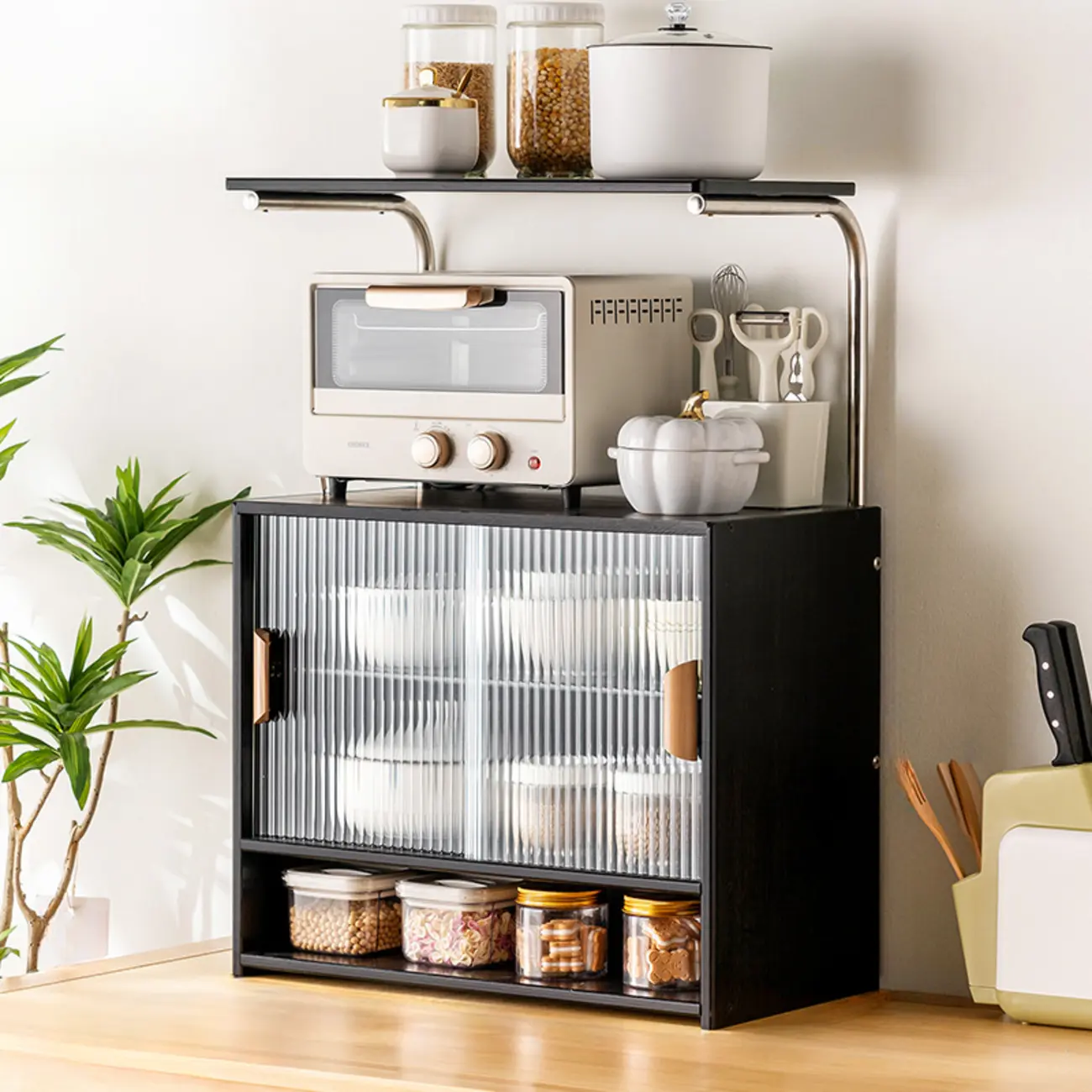 Stylish Tabletop Glass Bamboo Sideboard Cabinet with Open Shelf Image - 28 | homeyfad