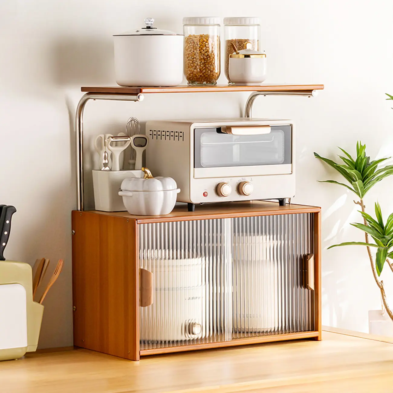 Stylish Tabletop Glass Bamboo Sideboard Cabinet with Open Shelf Image - 29 | homeyfad