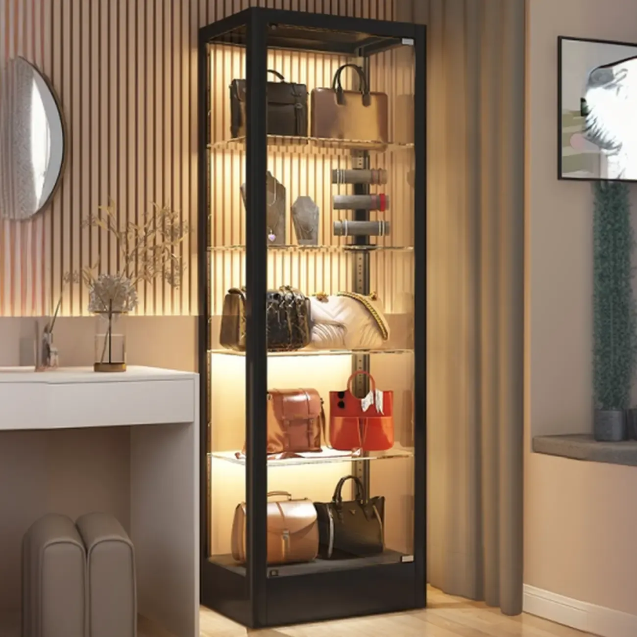Enclosed Black 5-Shelf Metal Curio Cabinet with Light Image - 1