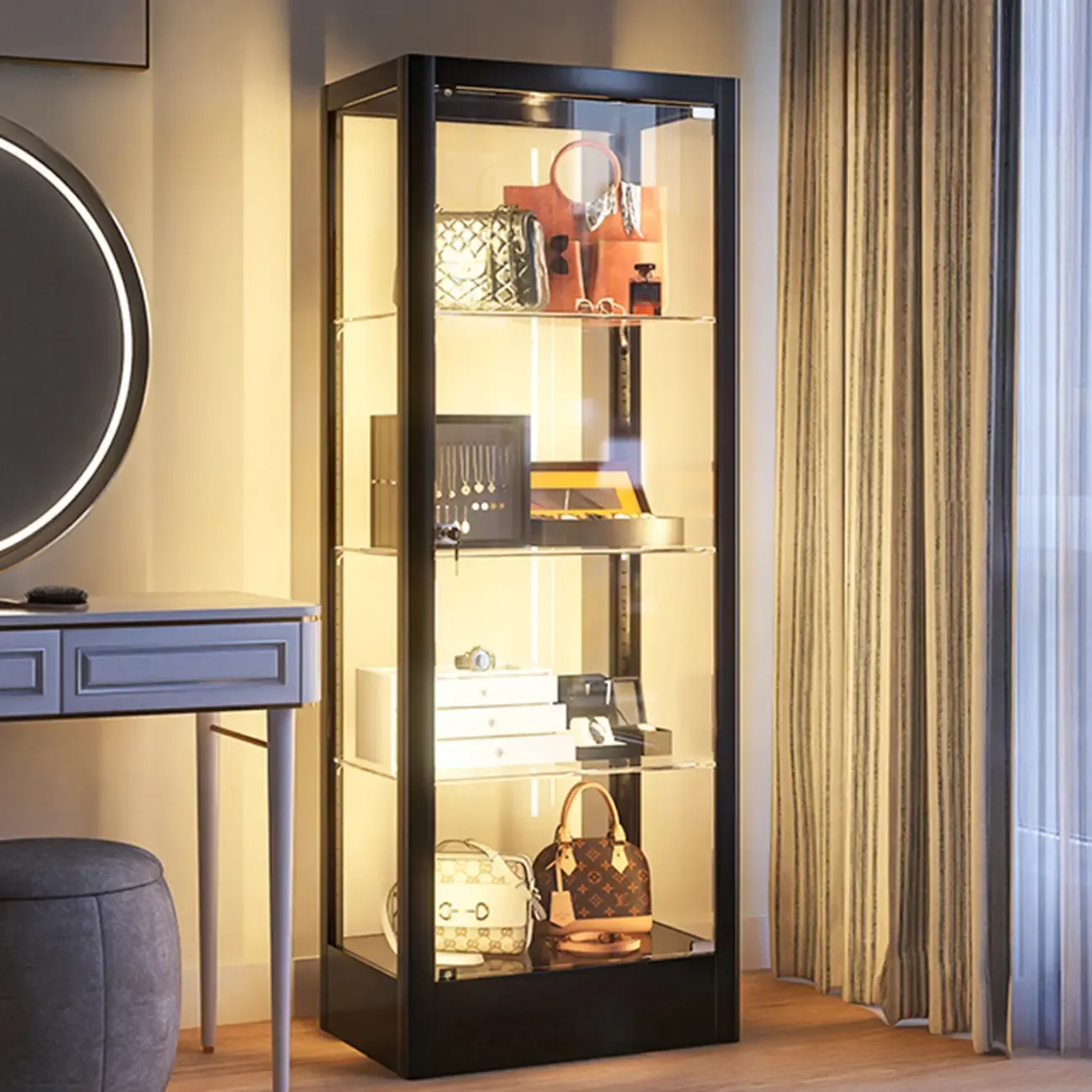 Enclosed Black 5-Shelf Metal Curio Cabinet with Light Image - 2