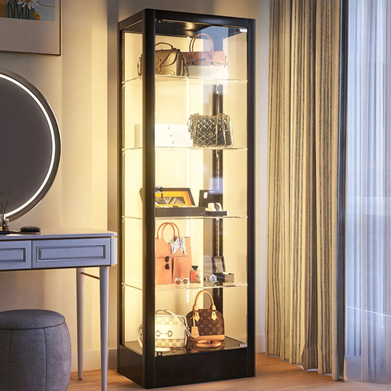 Enclosed Black 5-Shelf Metal Curio Cabinet with Light Image - 3 | homeyfad