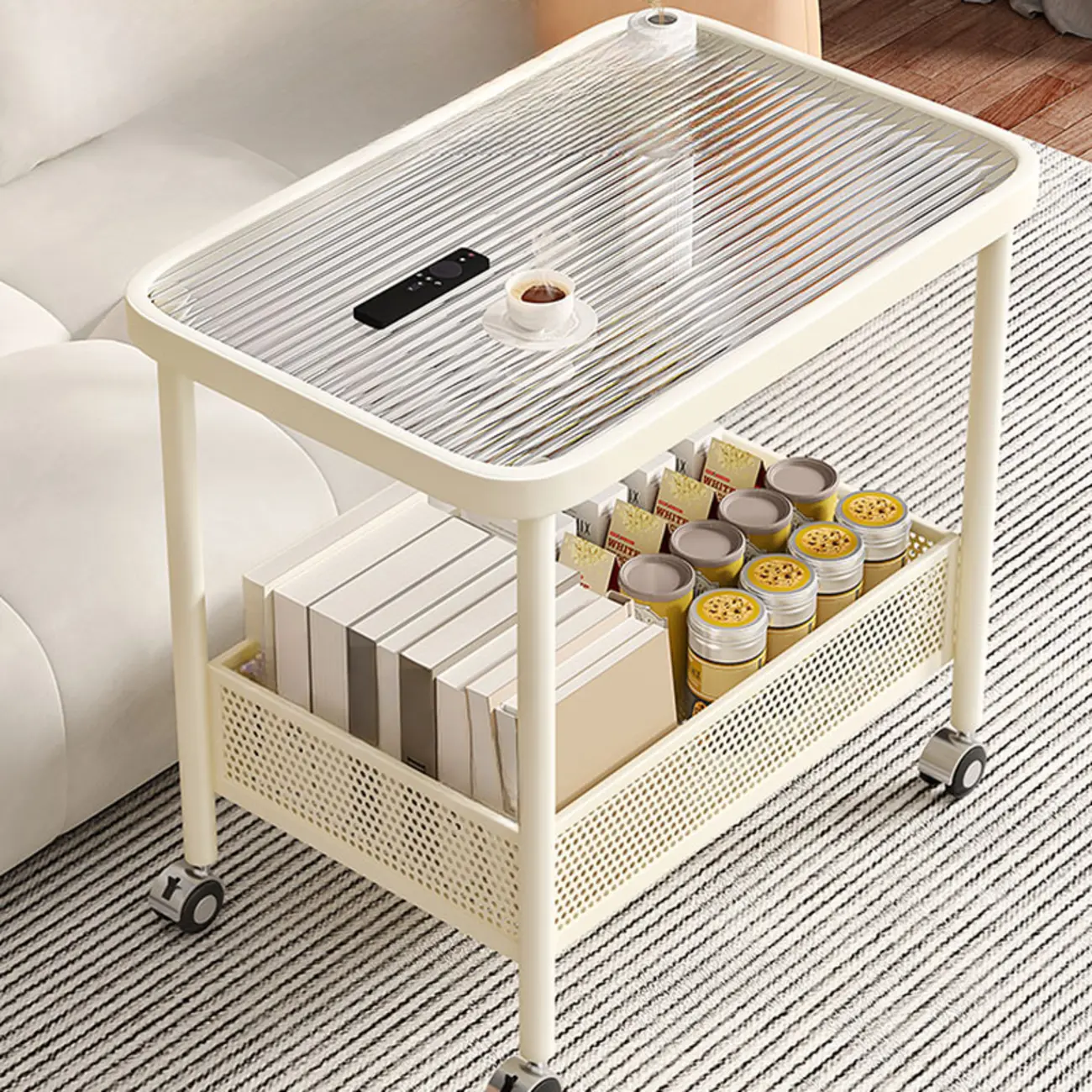 Rectangular Reeded Glass Top Metal Rolling End Table Image - 1 | homeyfad