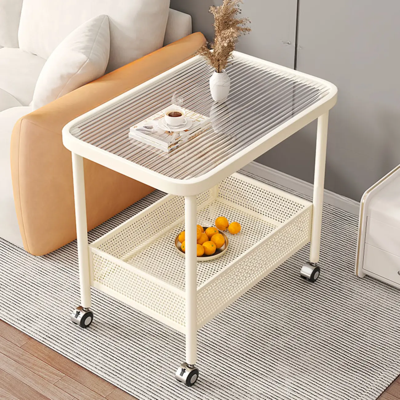 Rectangular Reeded Glass Top Metal Rolling End Table Image - 2 | homeyfad