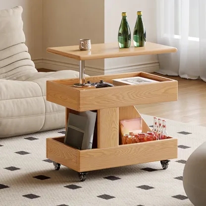 Adjustable 3-Tier Natural Wood Mobile Sofa Side Table Image - 1