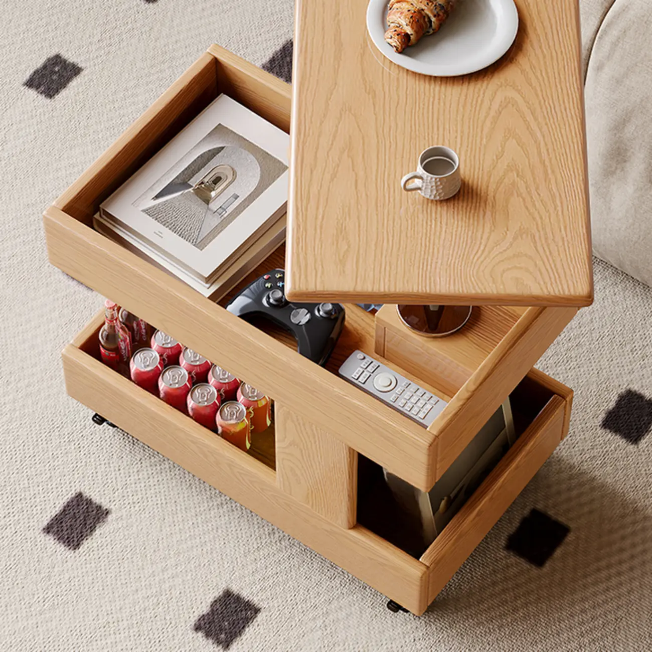 Adjustable 3-Tier Natural Wood Mobile Sofa Side Table Image - 4 | homeyfad