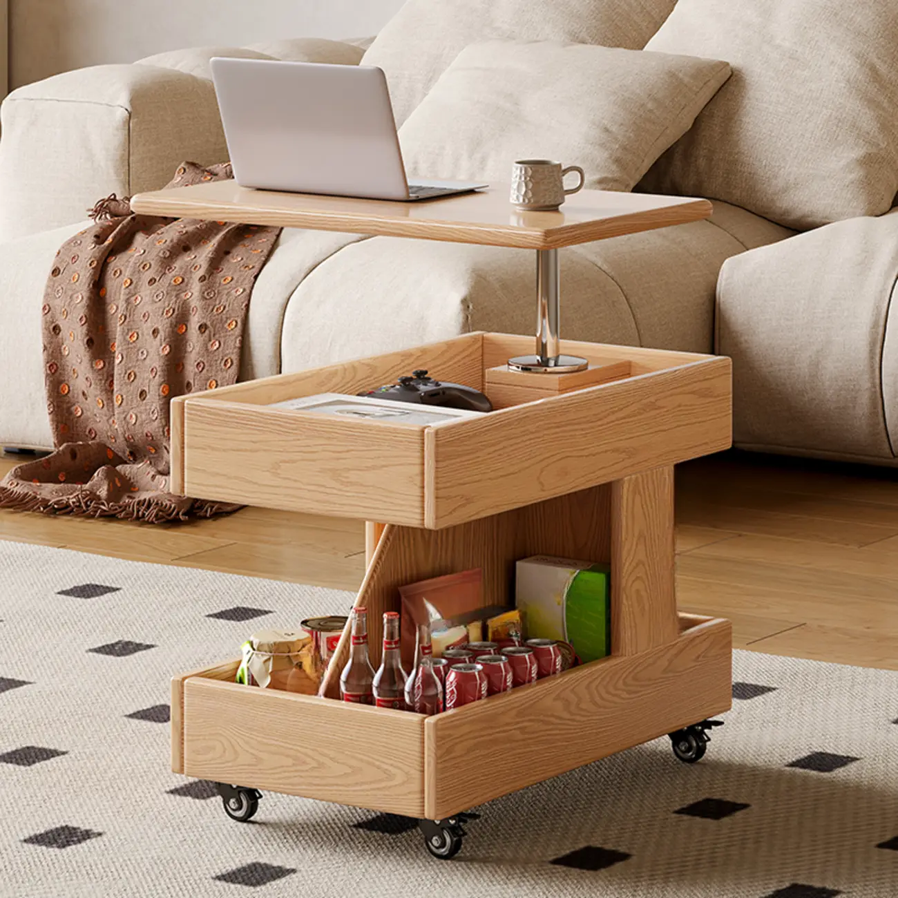 Adjustable 3-Tier Natural Wood Mobile Sofa Side Table Image - 2 | homeyfad