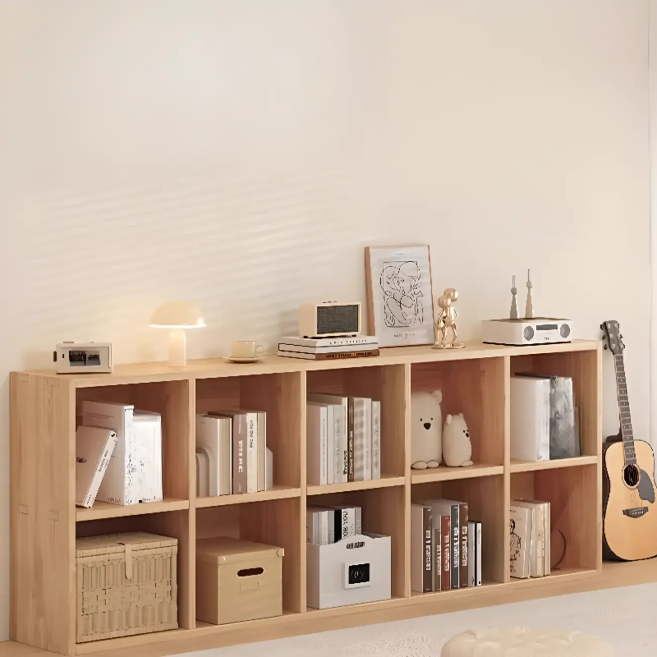 Natural Finish Wooden Storage Simple Narrow Bookcase Image - 13