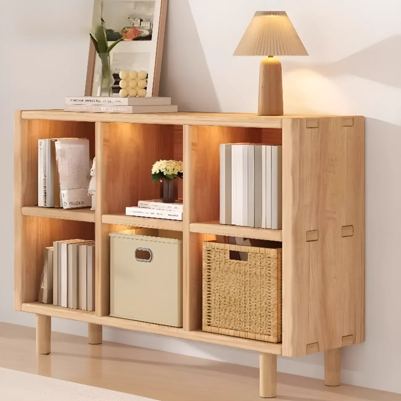 Natural Finish Wooden Storage Simple Narrow Bookcase Image - 5