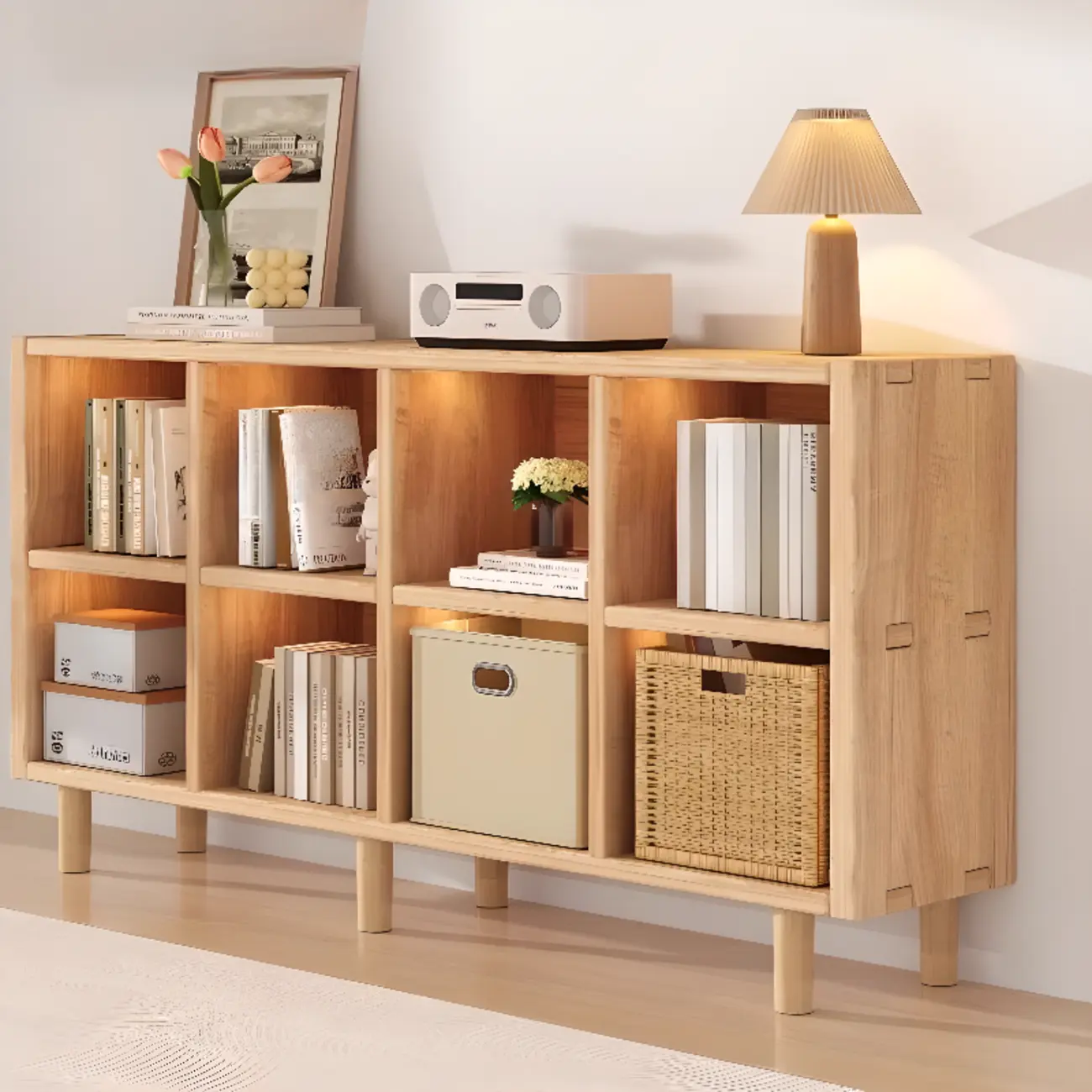 Natural Finish Wooden Storage Simple Narrow Bookcase Image - 7 | homeyfad