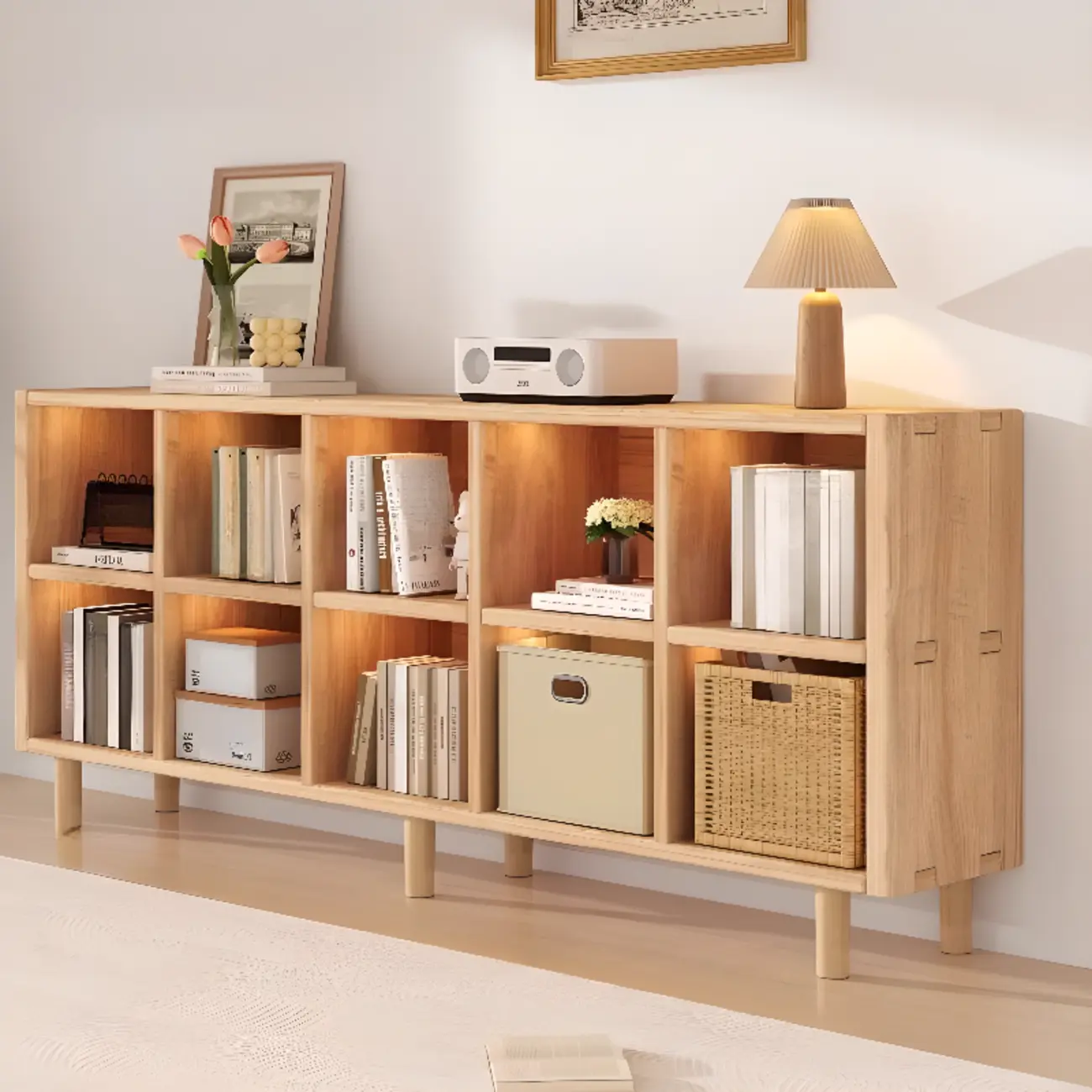 Natural Finish Wooden Storage Simple Narrow Bookcase Image - 11 | homeyfad