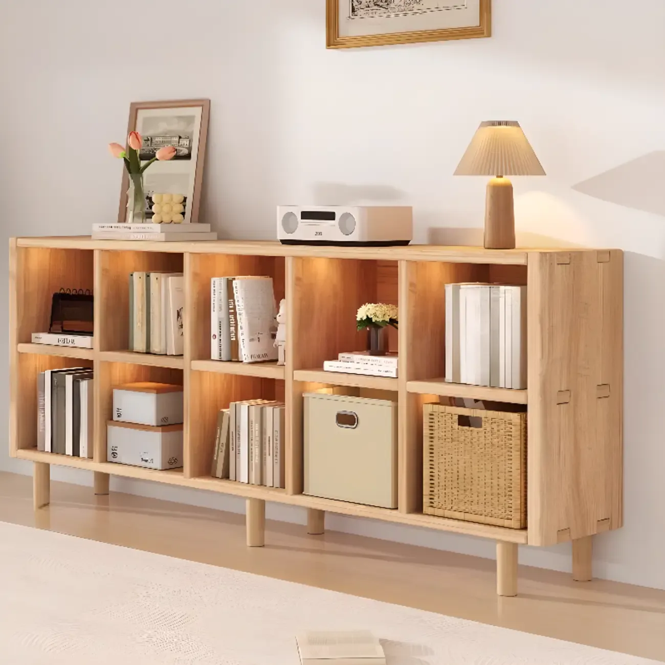 Natural Finish Wooden Storage Simple Narrow Bookcase Image - 11