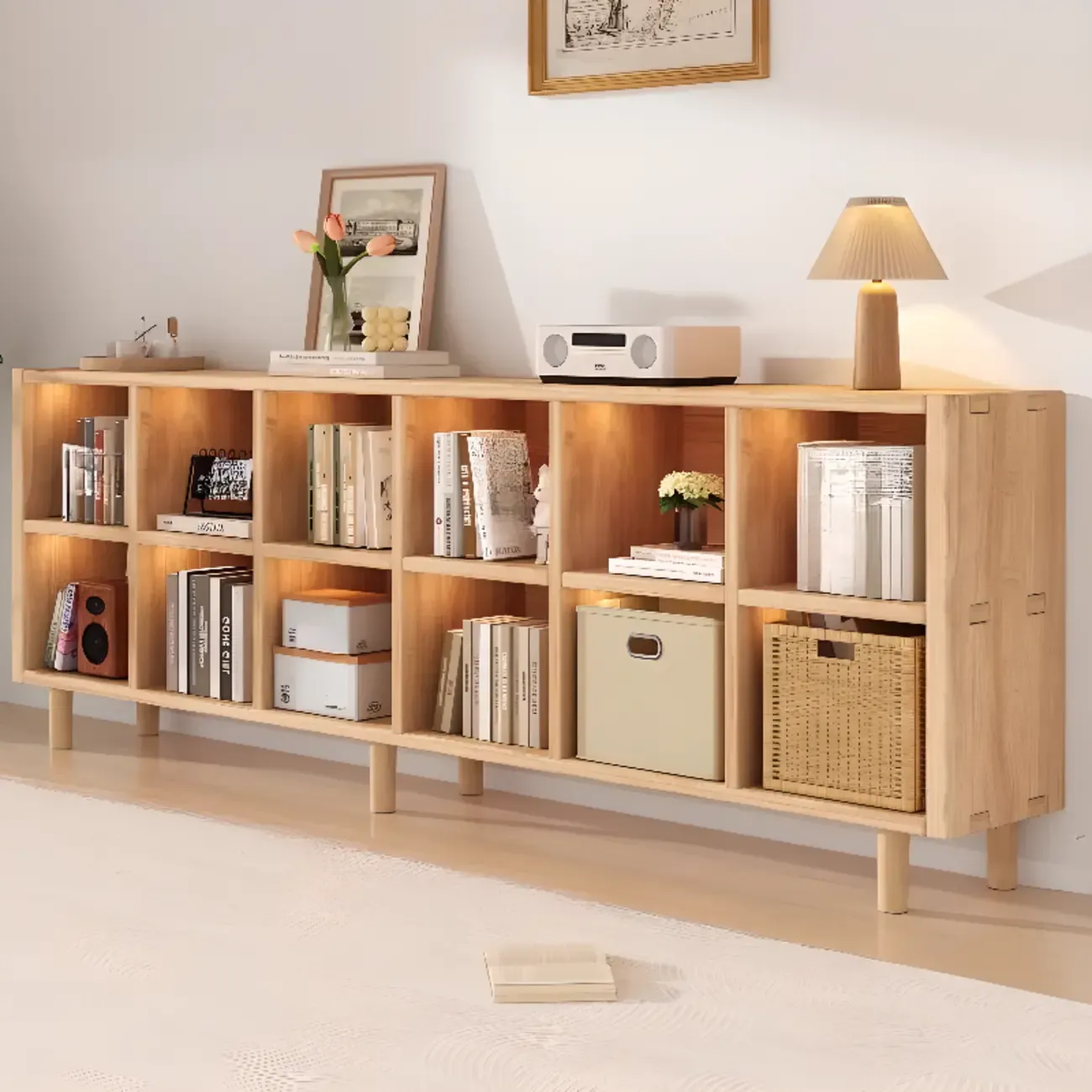 Natural Finish Wooden Storage Simple Narrow Bookcase Image - 12