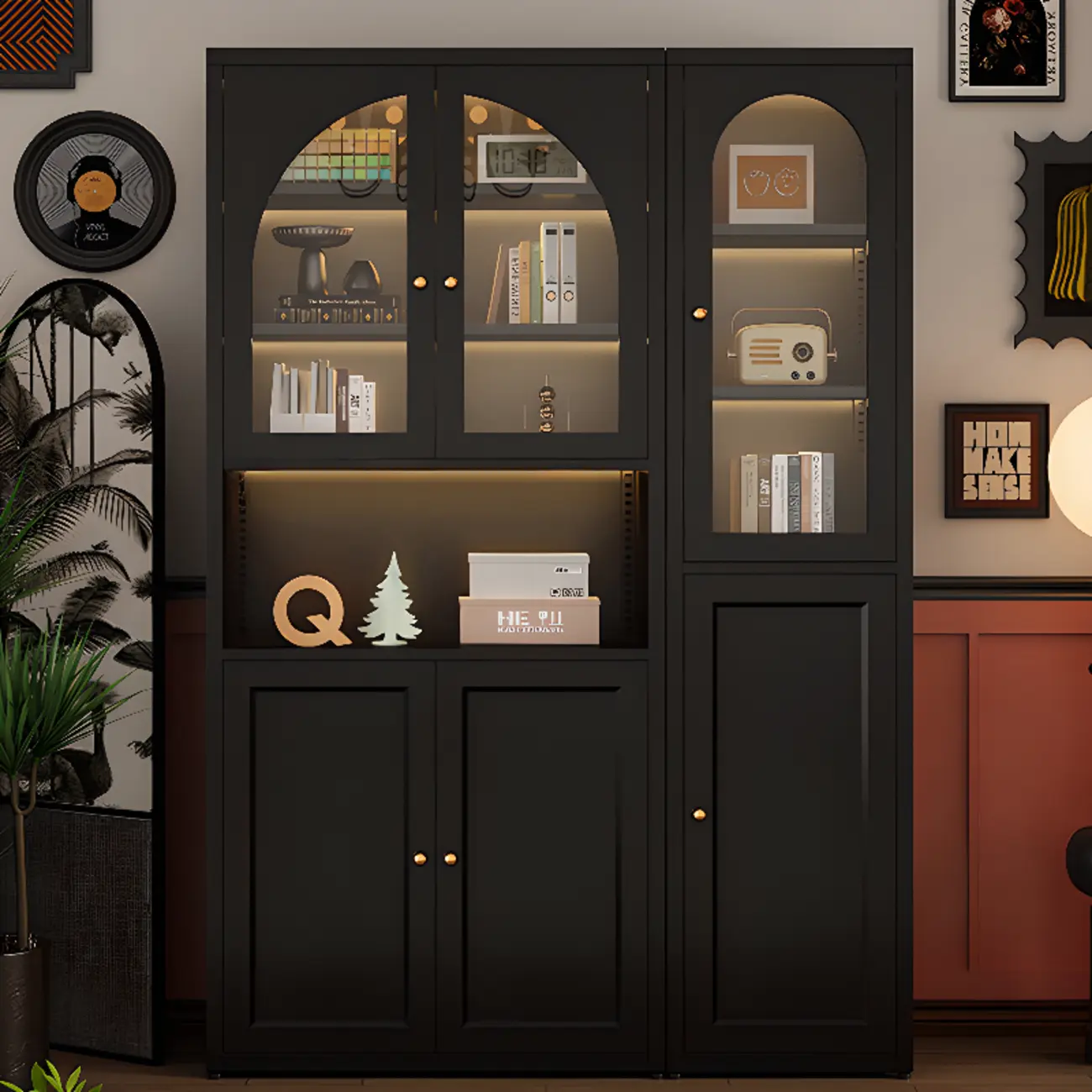 Large 6-Tier Modern Metal Black Cabinet Bookcase with Doors Image - 1 | homeyfad