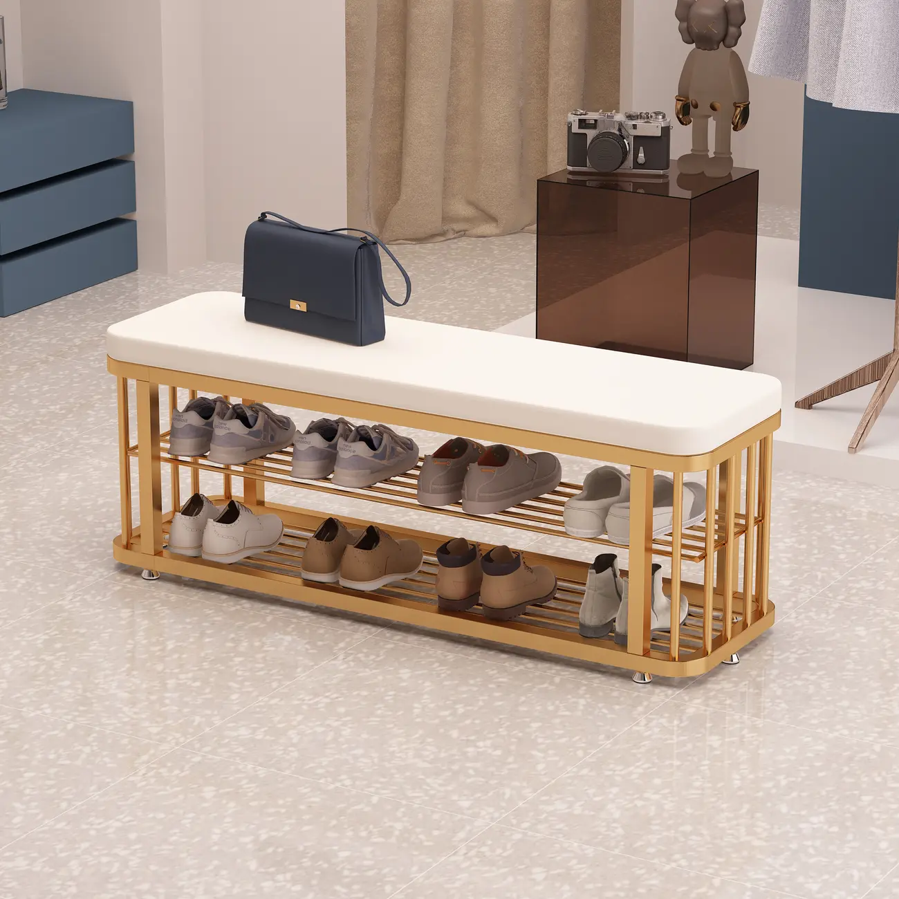 Simplistic Gold Metal Shoe Bench with Padded Upholstery Image - 1 | homeyfad