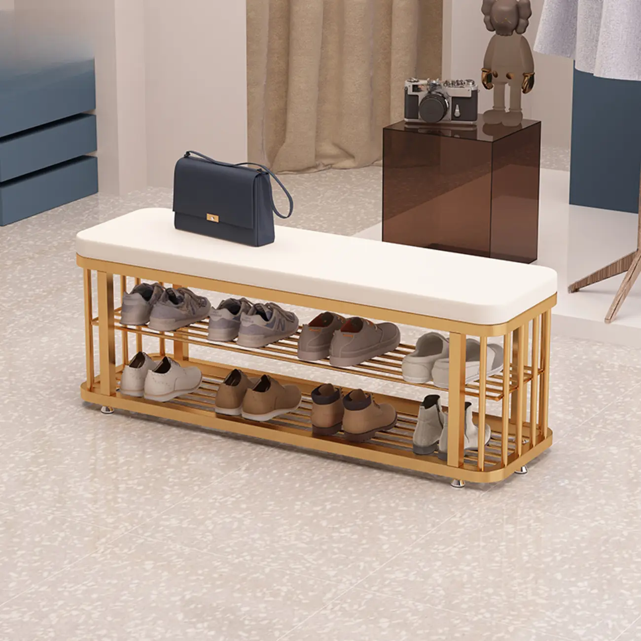 Simplistic Gold Metal Shoe Bench with Padded Upholstery Image - 2 | homeyfad