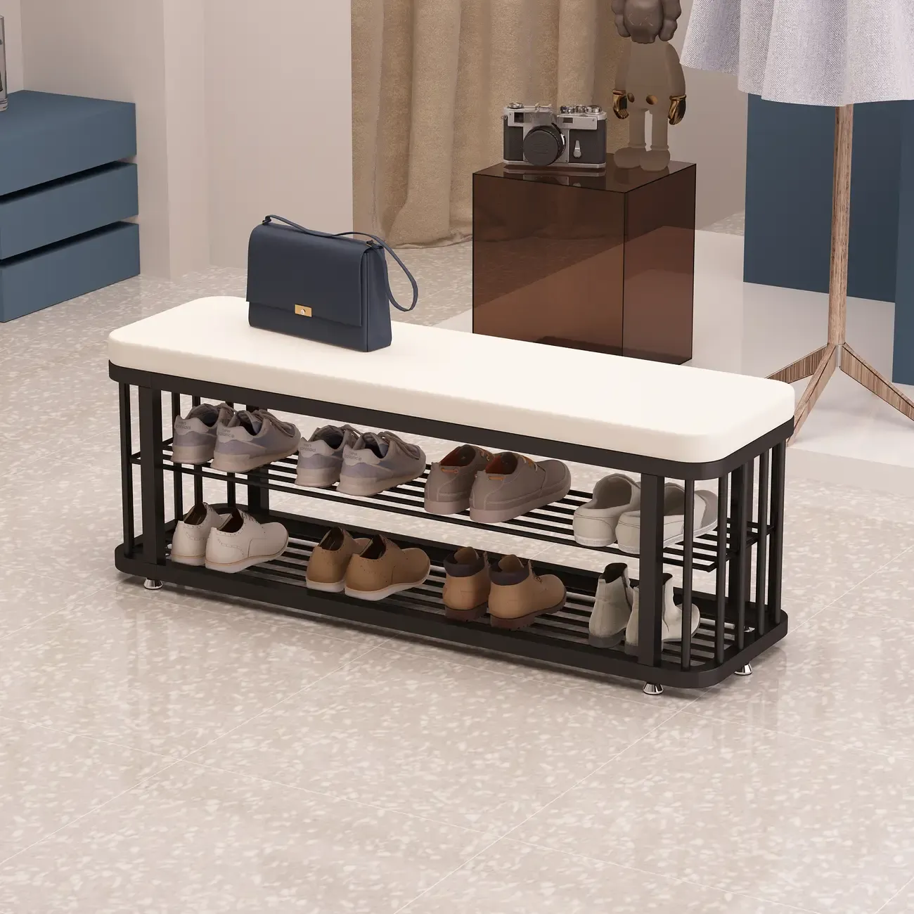 Simplistic Gold Metal Shoe Bench with Padded Upholstery Image - 4