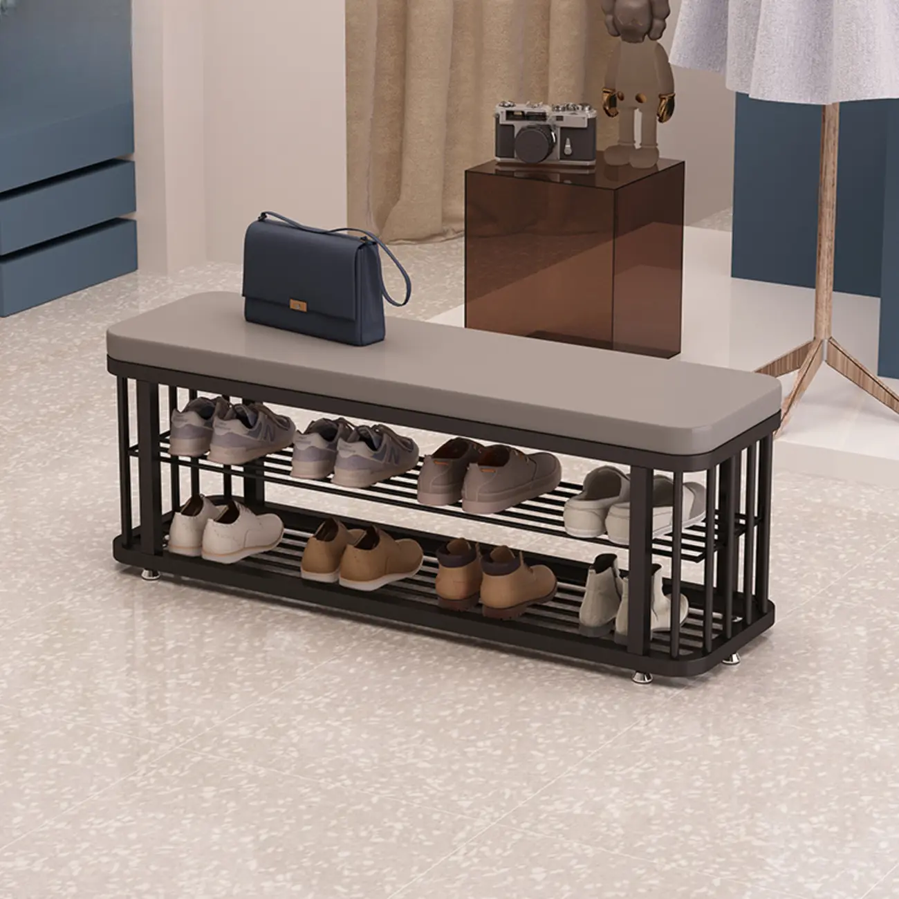 Simplistic Gold Metal Shoe Bench with Padded Upholstery Image - 5 | homeyfad