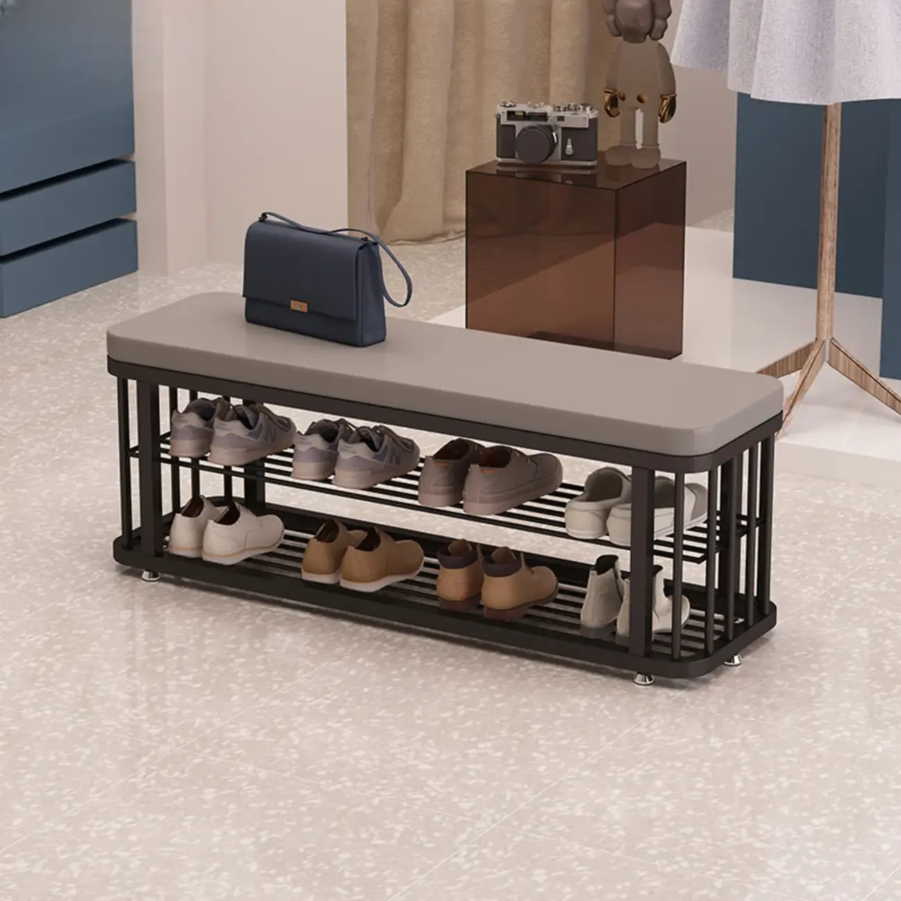 Simplistic Gold Metal Shoe Bench with Padded Upholstery Image - 5