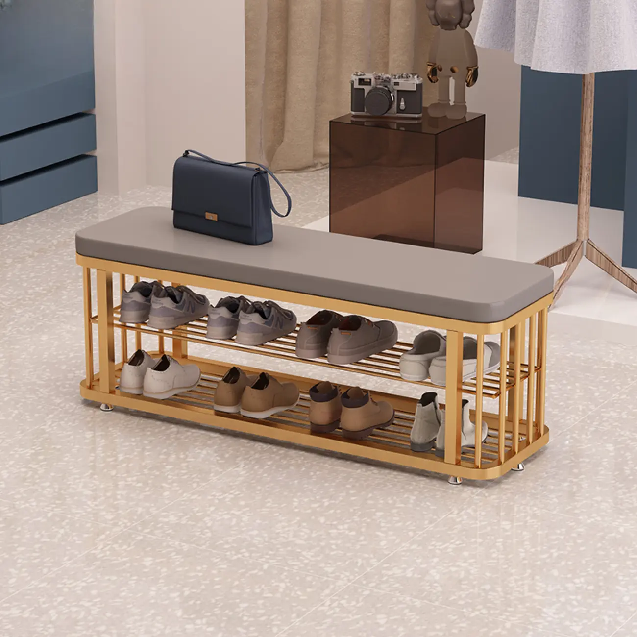 Simplistic Gold Metal Shoe Bench with Padded Upholstery Image - 6 | homeyfad