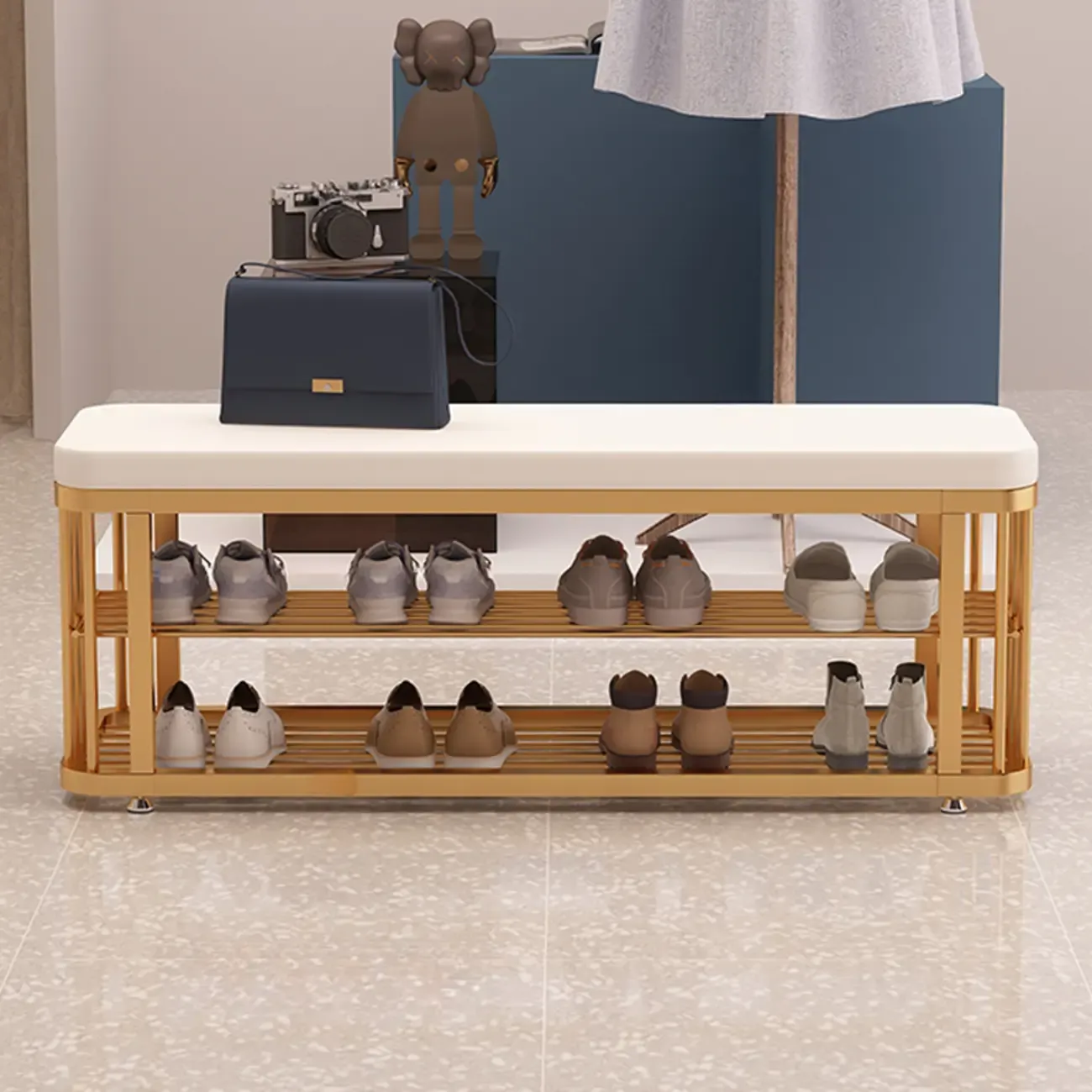 Simplistic Gold Metal Shoe Bench with Padded Upholstery Image - 7