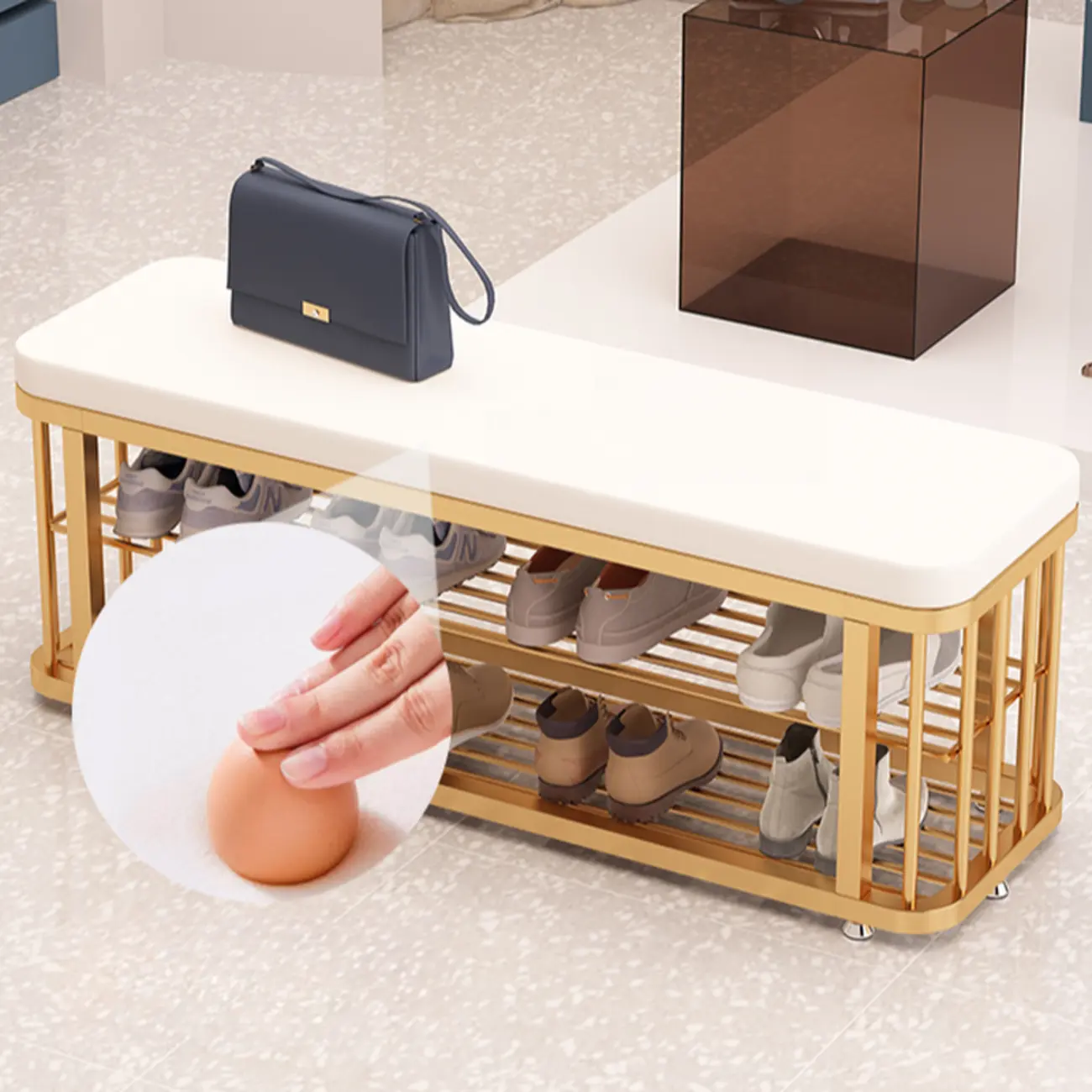 Simplistic Gold Metal Shoe Bench with Padded Upholstery Image - 8 | homeyfad