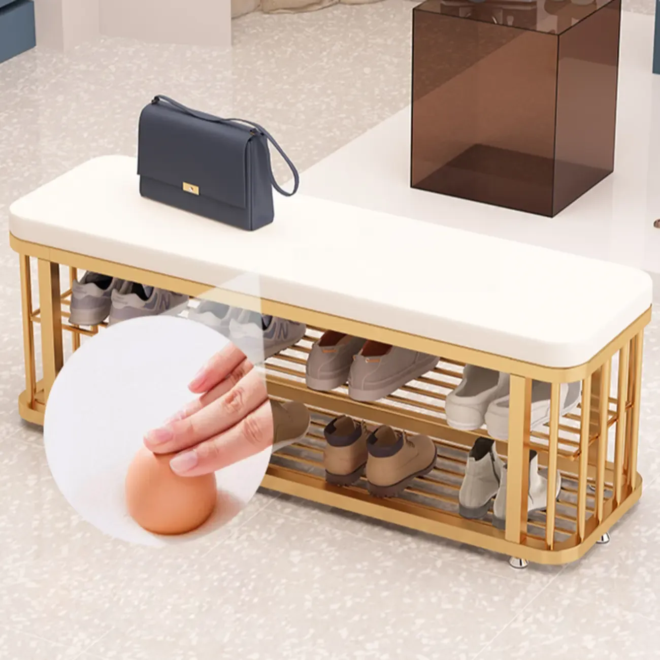 Simplistic Gold Metal Shoe Bench with Padded Upholstery Image - 8