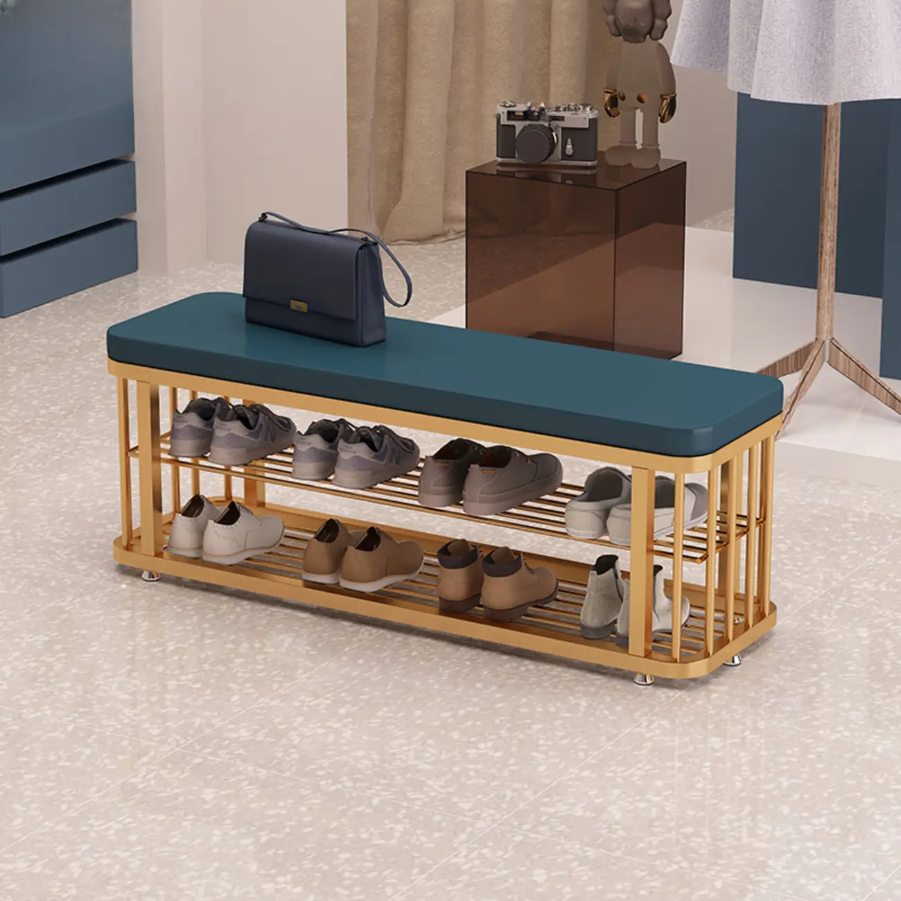 Simplistic Gold Metal Shoe Bench with Padded Upholstery Image - 9 | homeyfad