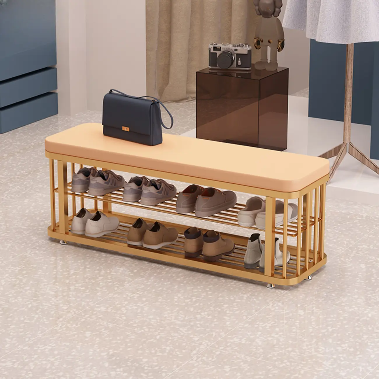 Simplistic Gold Metal Shoe Bench with Padded Upholstery Image - 10 | homeyfad