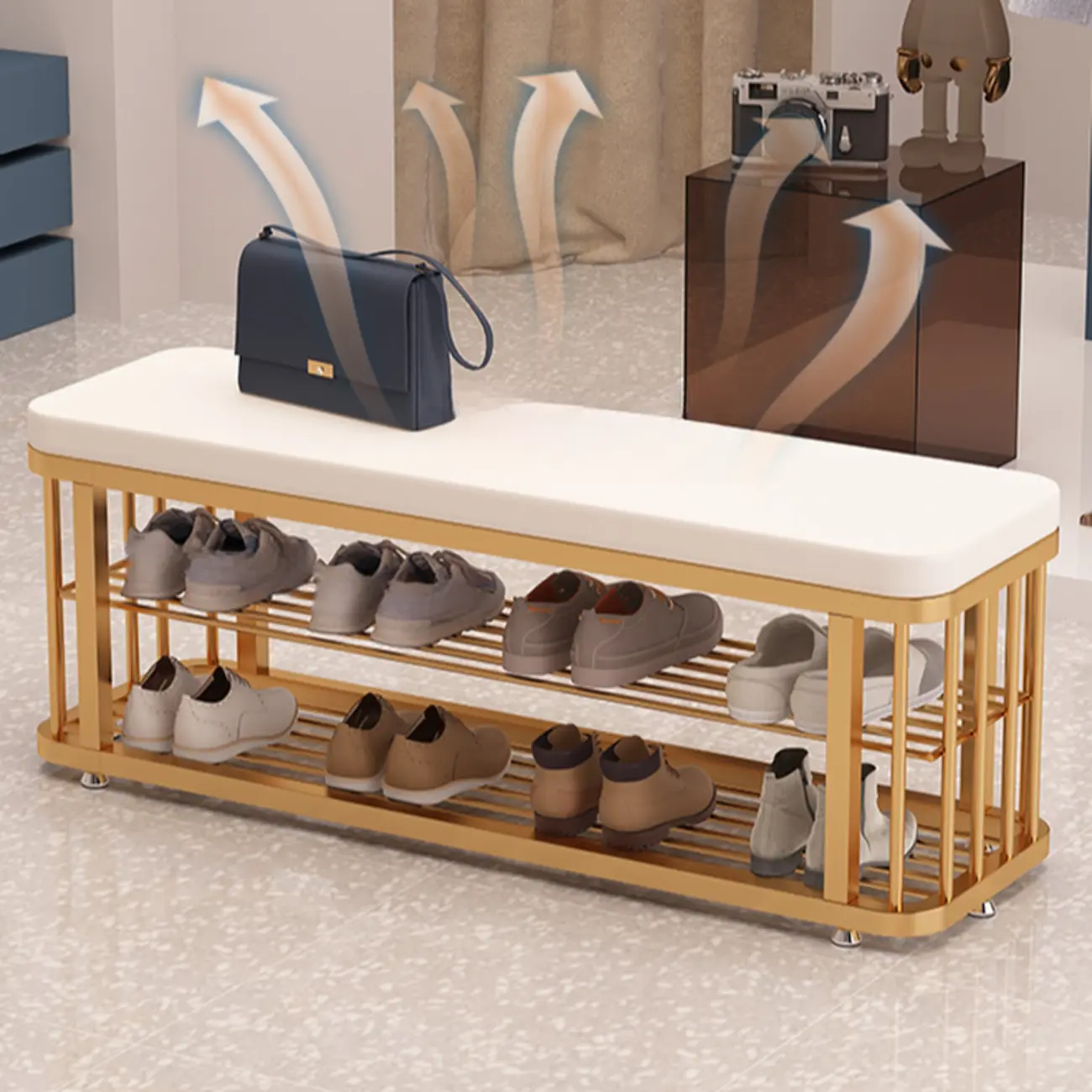 Simplistic Gold Metal Shoe Bench with Padded Upholstery Image - 11 | homeyfad
