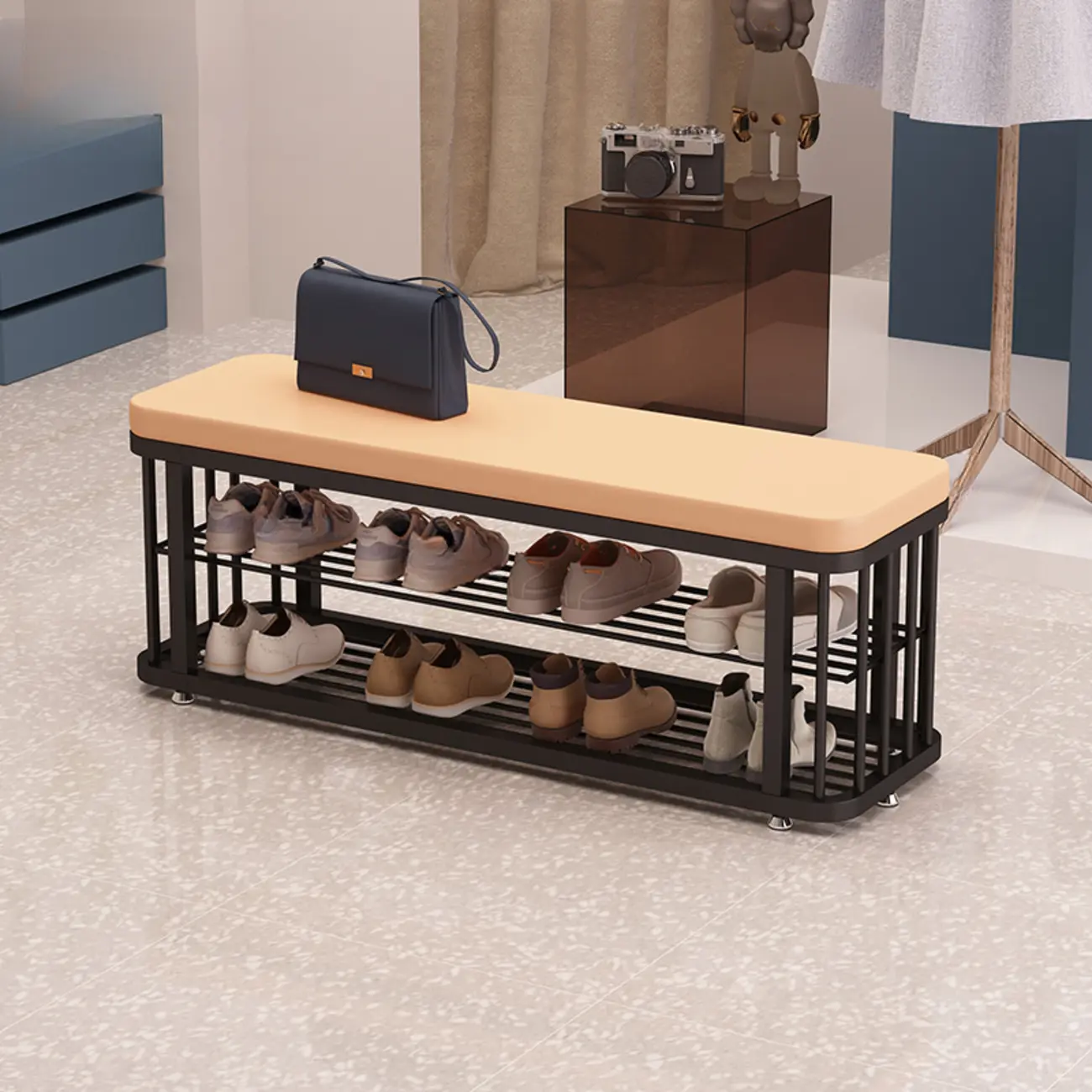 Simplistic Gold Metal Shoe Bench with Padded Upholstery Image - 12 | homeyfad