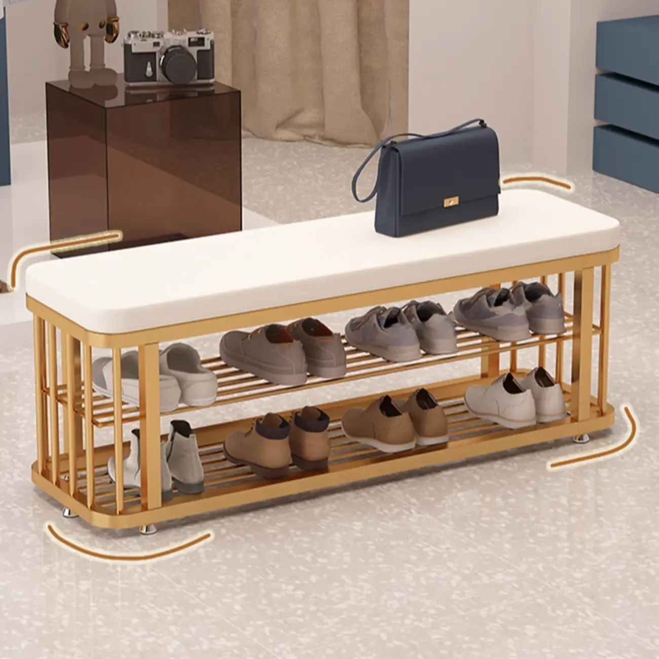 Simplistic Gold Metal Shoe Bench with Padded Upholstery Image - 13