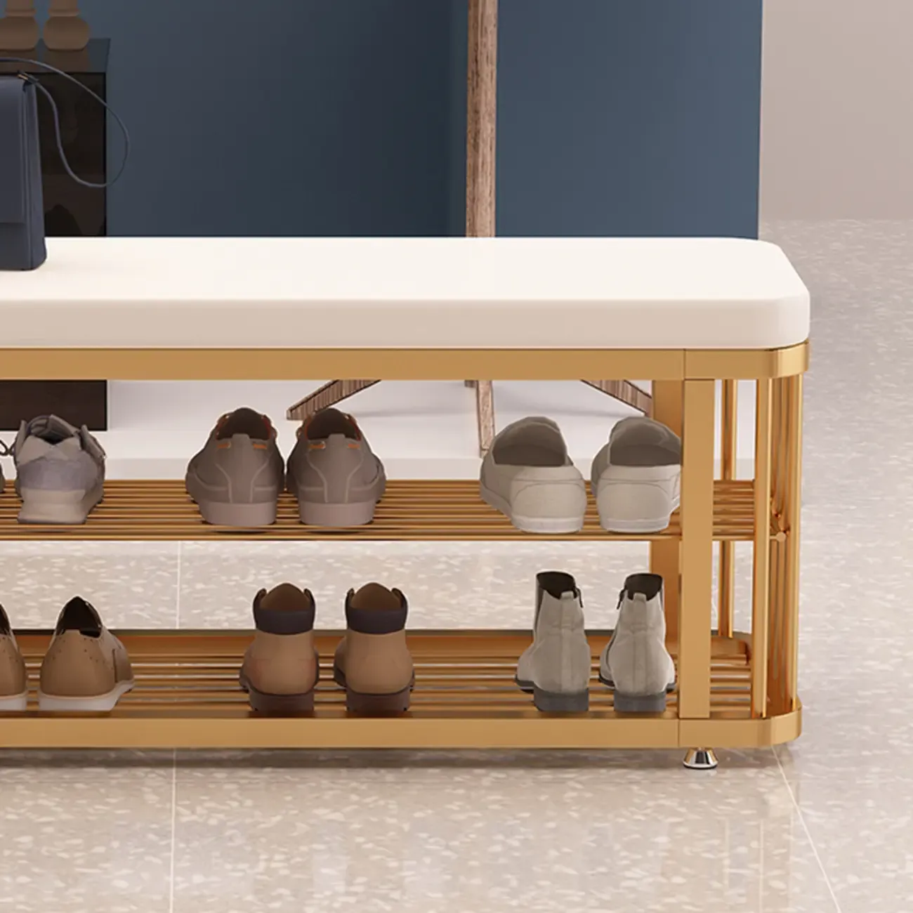 Simplistic Gold Metal Shoe Bench with Padded Upholstery Image - 14